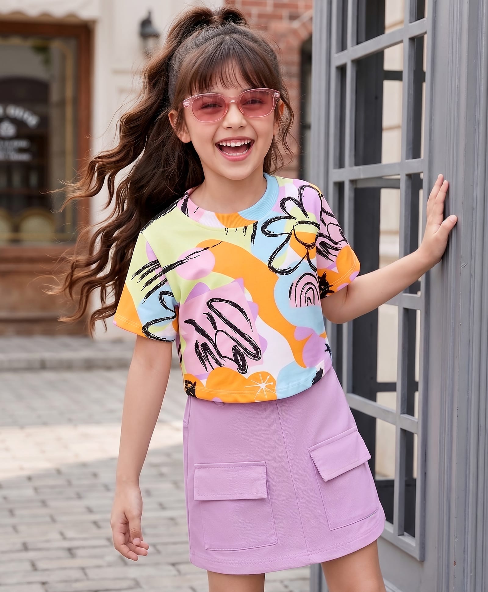 OLLINGTON ST. Cotton Lycra Knit Half Sleeves Printed Top & Skirt Set - Lavender & Multicolour-image-8