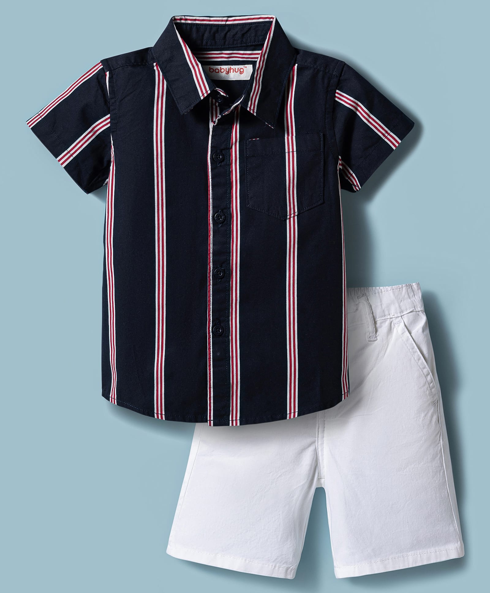 Babyhug 100% Cotton Woven Half Sleeves Striped Shirt & Shorts Set - Navy Blue & White-image-30