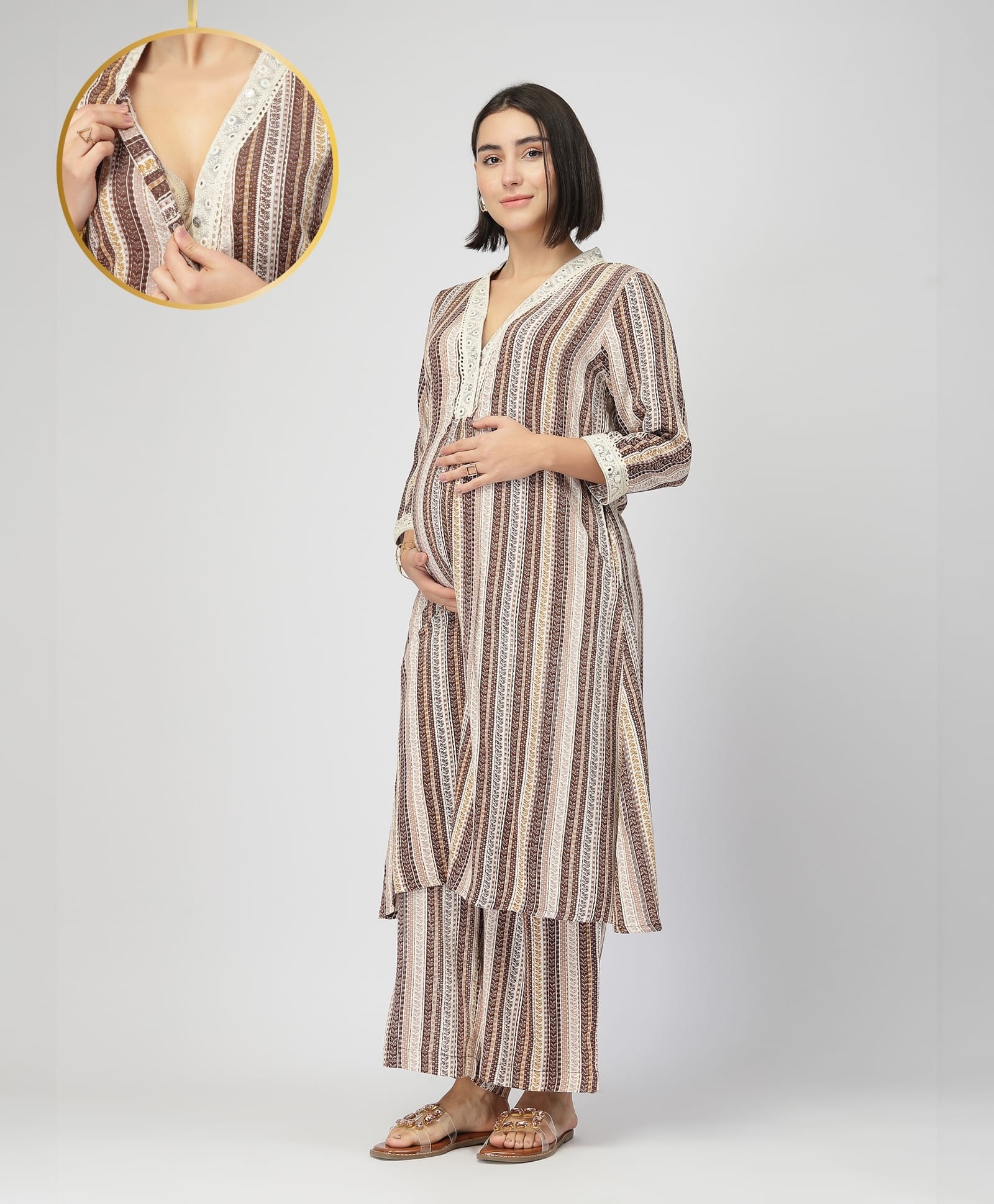 Zelena 100% Rayon Knit Three Fourth Sleeves Abstract Printed Maternity Kurti With Front Open Nursing Access & Pant Set - Coffee Brown-image-6