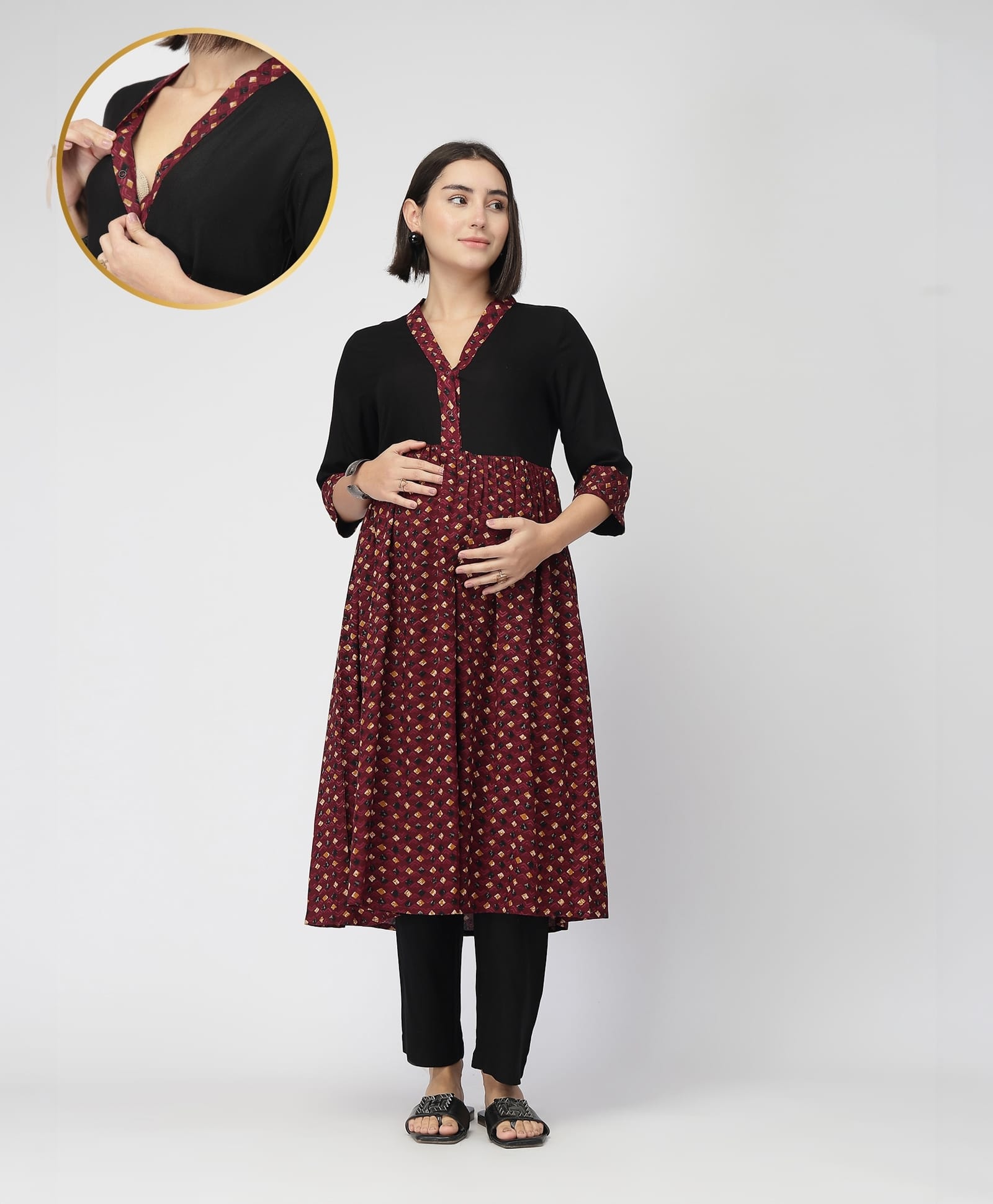 Zelena 100% Rayon Knit Three Fourth Sleeves Abstract Printed Maternity Kurti With Front Open Nursing Access & Pant Set - Black & Maroon-image-32