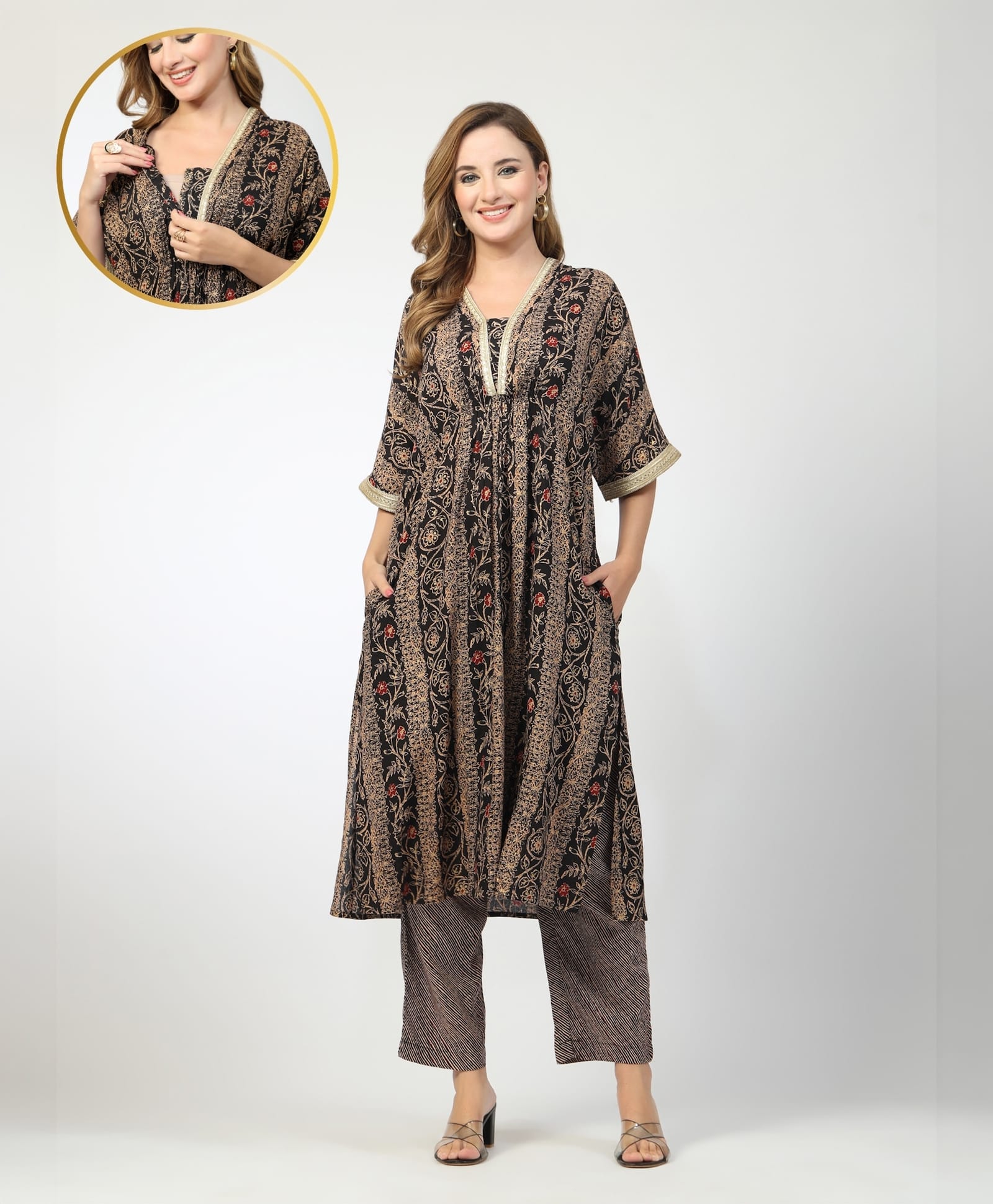 Zelena 100% Rayon Knit Three Fourth Kimono Sleeves Abstract Printed Maternity Kurti With Front Open Nursing Access & Pant Set - Black-picture-48