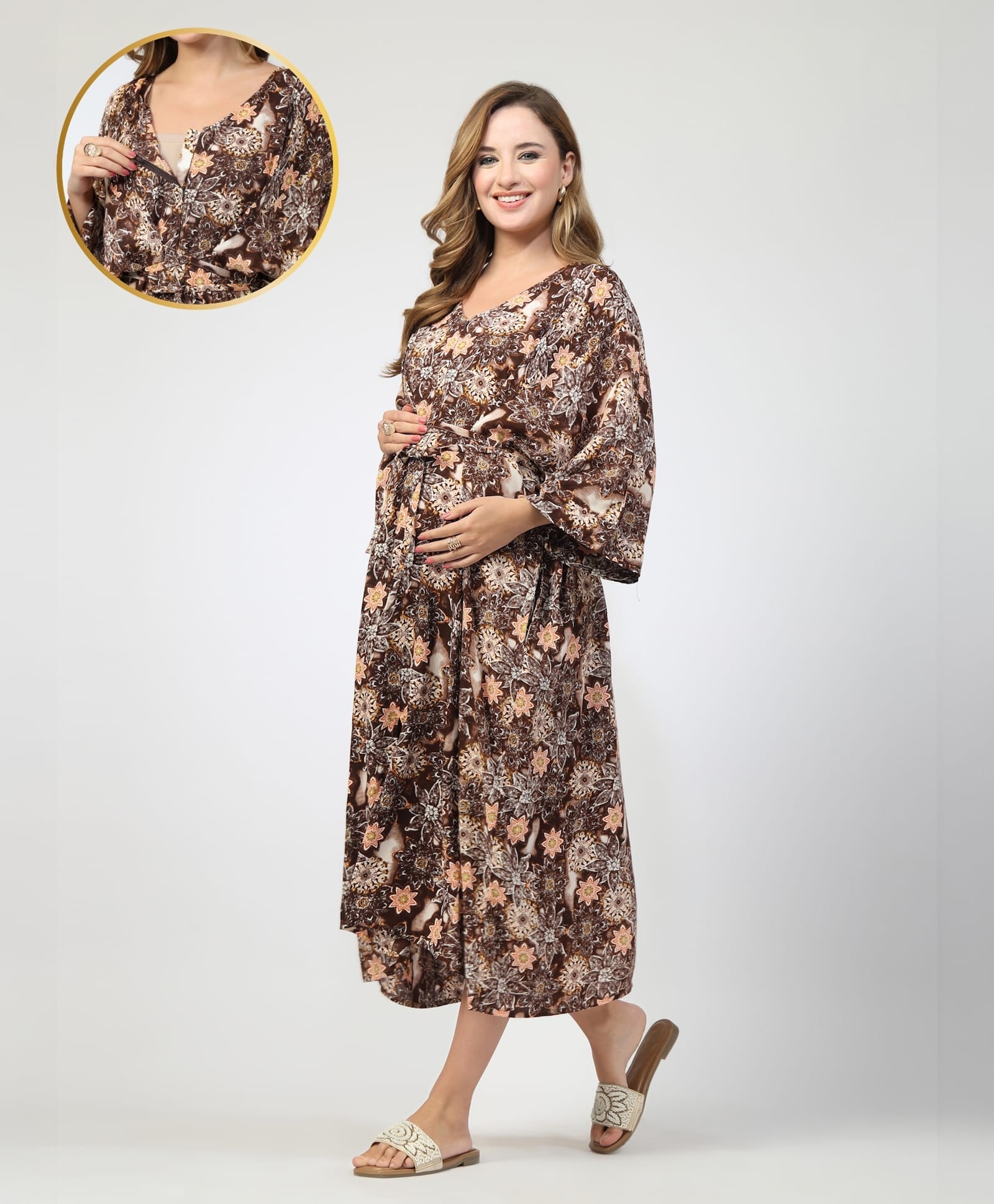 Zelena 100% Rayon Knit Three Fourth Sleeves Abstract Printed Maternity Kaftan Dress With Front Zipper Nursing Access - Brown-image-22
