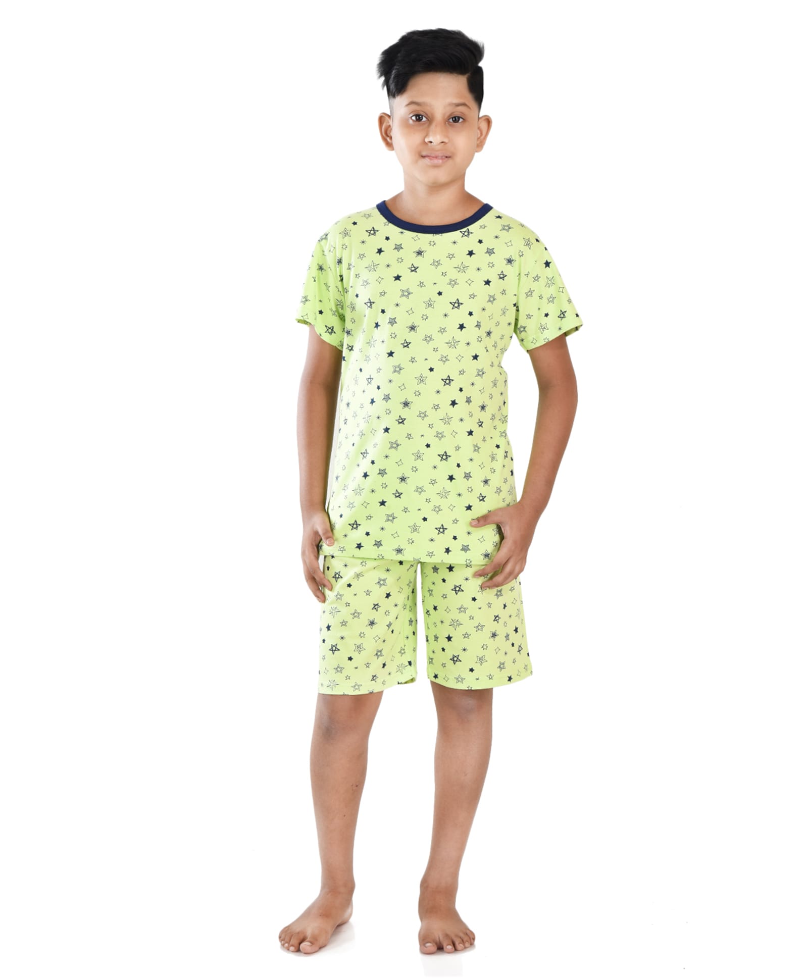 Clothe Funn Cotton Knit Half Sleeves Star Printed Tee & Shorts Night Suit - Lime Green-picture-35