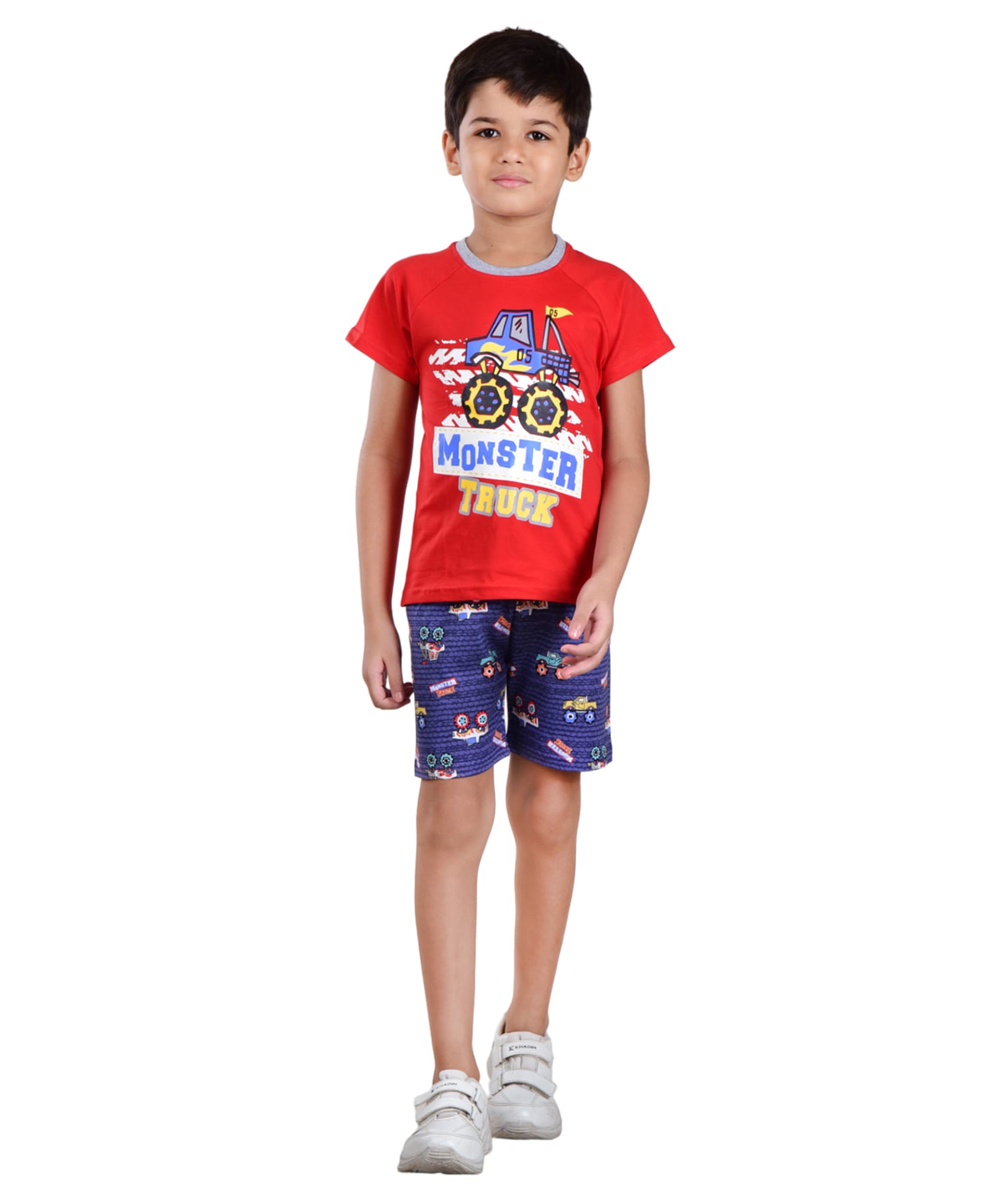 Clothe Funn Cotton Knit Half Sleeves Vehicle & Monster Truck Text Printed Tee & Shorts Night Suit - Red & Navy-picture-18