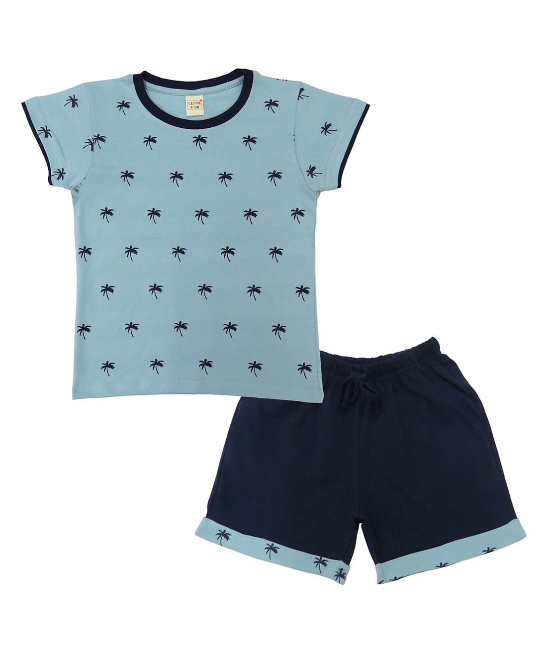 Clothe Funn Cotton Knit Half Sleeves Tree Printed Tee & Shorts Night Suit - Sky & Navy Blue-picture-36