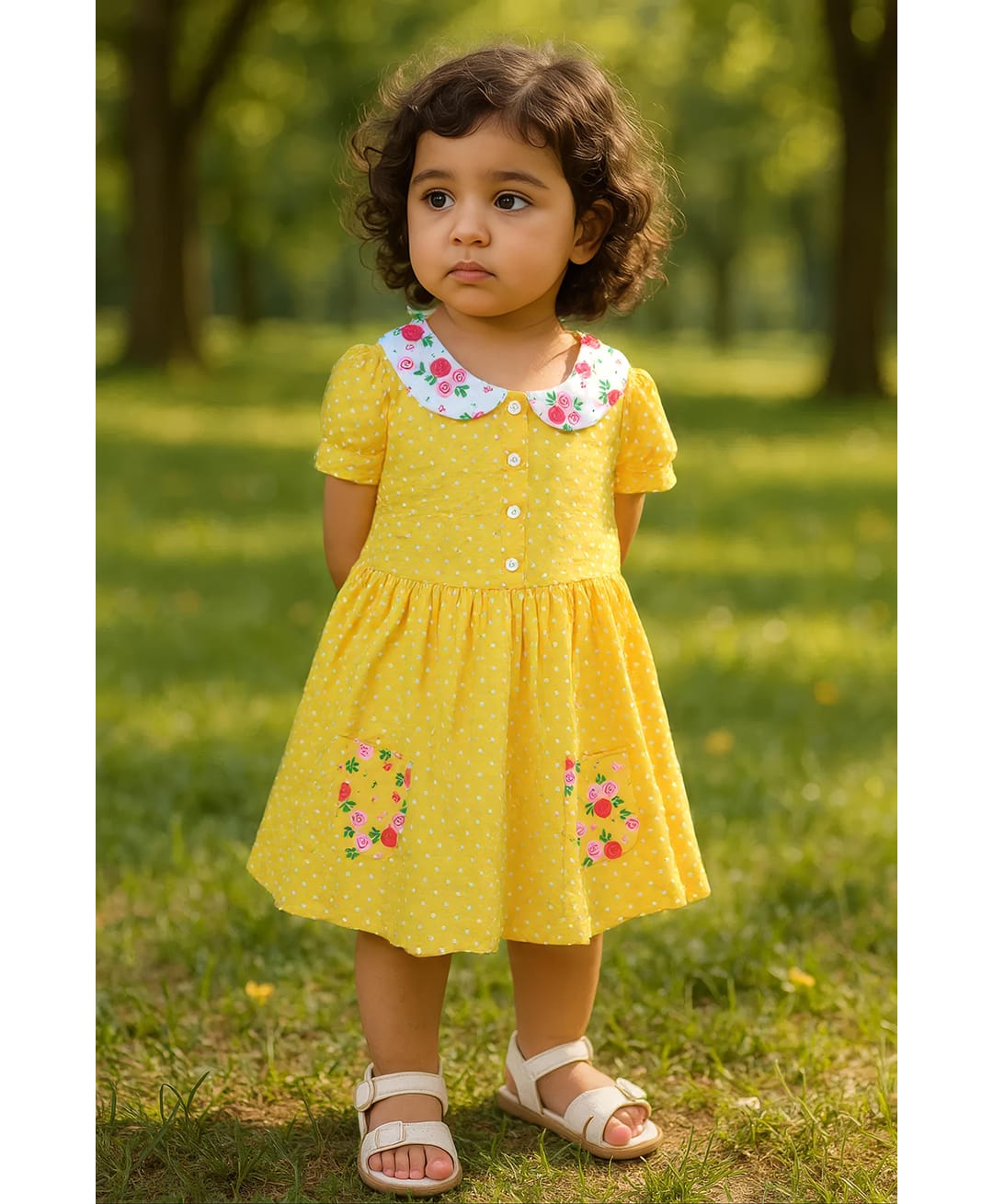 Clothe Funn Cotton Knit Half Sleeves Floral & Dots Printed Dress - Yellow-picture-27