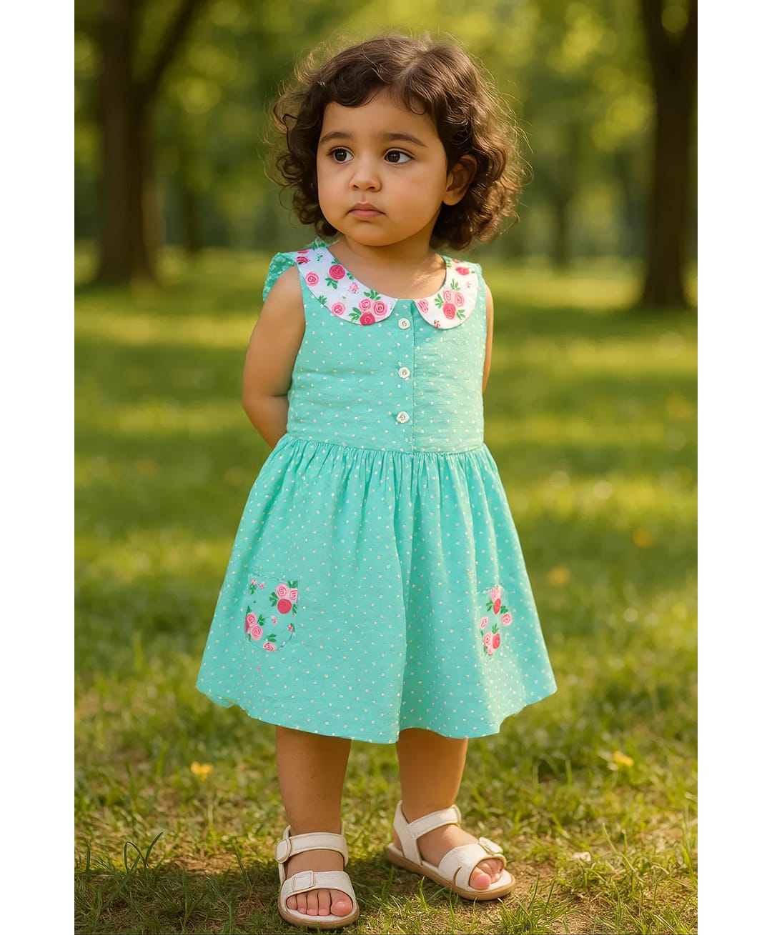 Clothe Funn Cotton Knit Half Sleeves Floral & Dots Printed Dress - Mint-picture-17