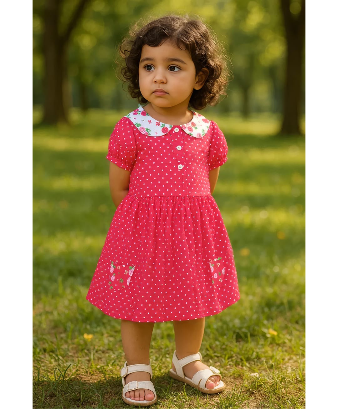 Clothe Funn Cotton Knit Half Sleeves Floral & Dots Printed Dress - Coral-picture-16
