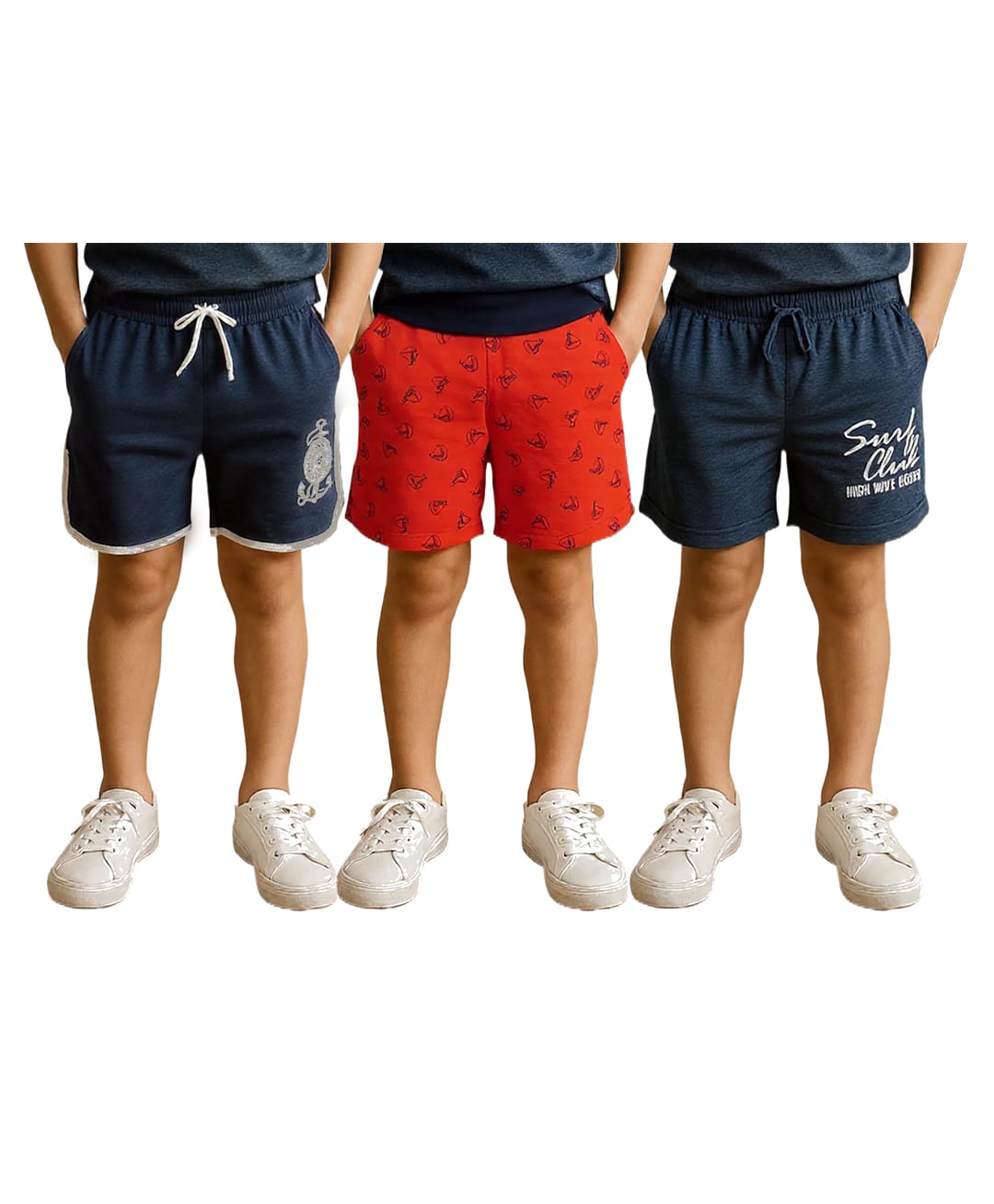 Clothe Funn Cotton Knit Pack Of 3 Boat & Typography Printed Shorts - Carrot Red & Navy Blue-picture-13