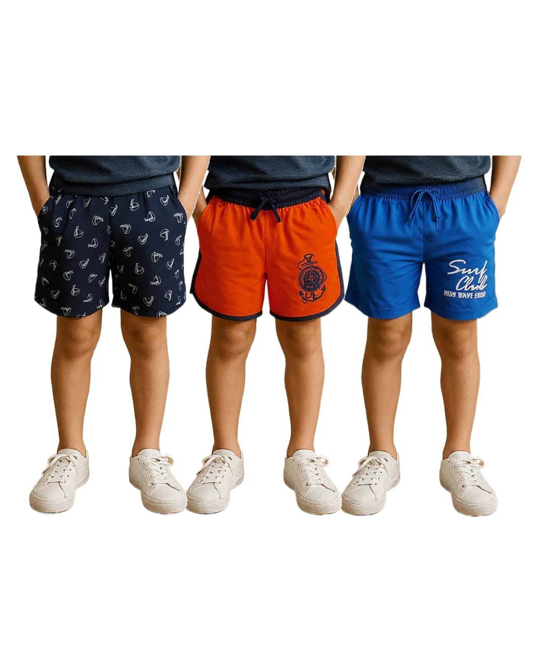 Clothe Funn Cotton Knit Pack Of 3 Boat Anchor & Typography Printed Shorts - Blue Orange & Navy Blue-picture-18