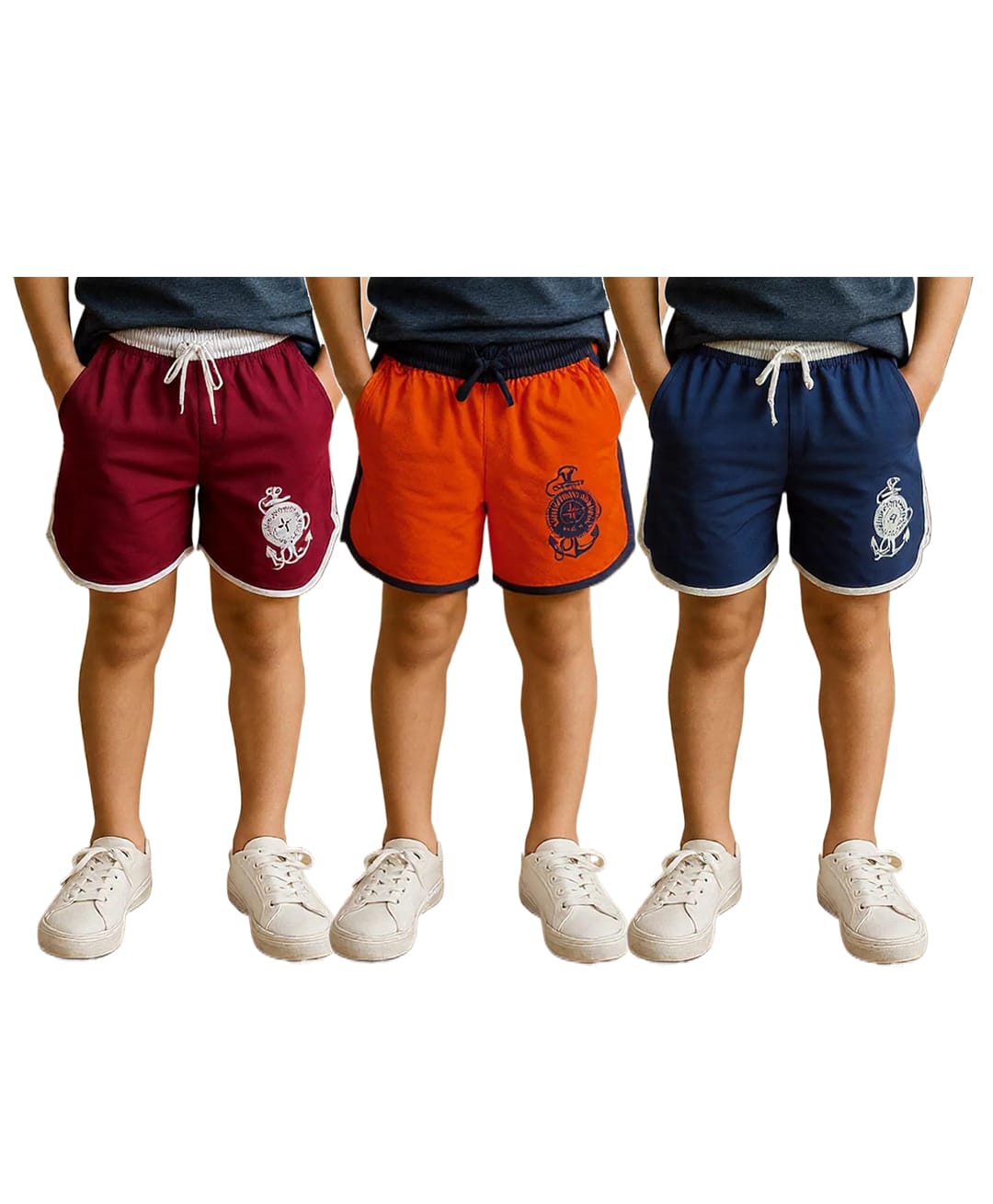 Clothe Funn Cotton Knit Pack Of 3 Anchor Printed Shorts - Orange Maroon & Blue-picture-12