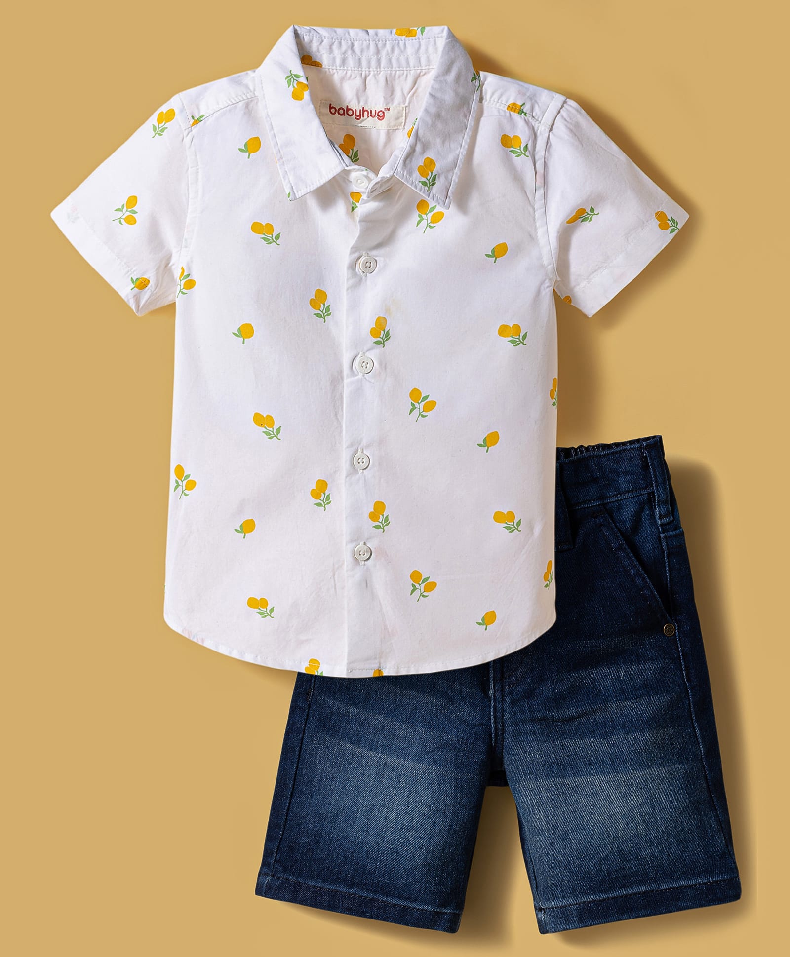 Babyhug Cotton Woven Half Sleeves Tropical Theme Printed Shirt & Shorts Set - White & Navy Blue-image-27