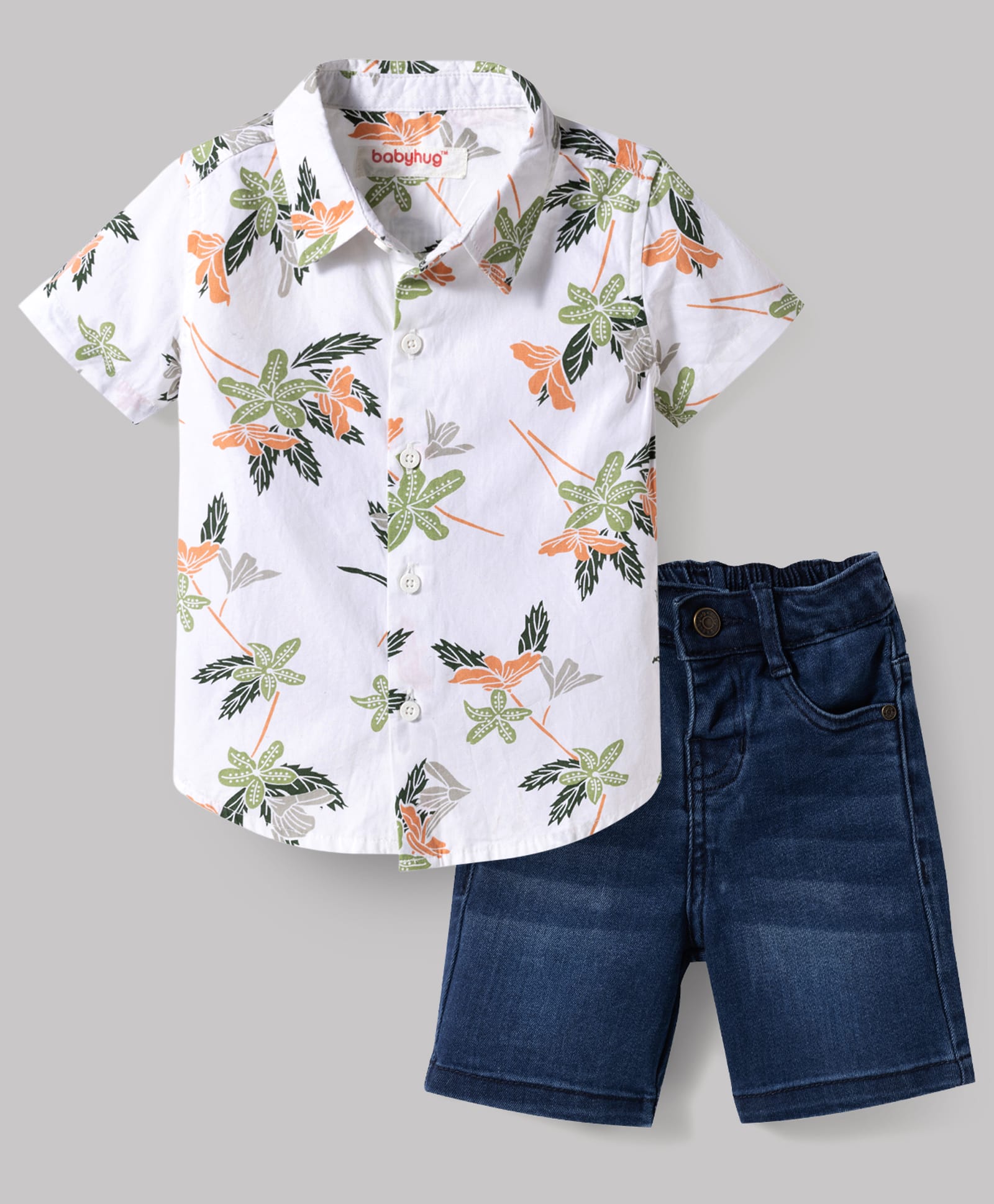 Babyhug Cotton Woven Half Sleeves Shirt & Denim Shorts Set With Floral Print - White & Blue-picture-26