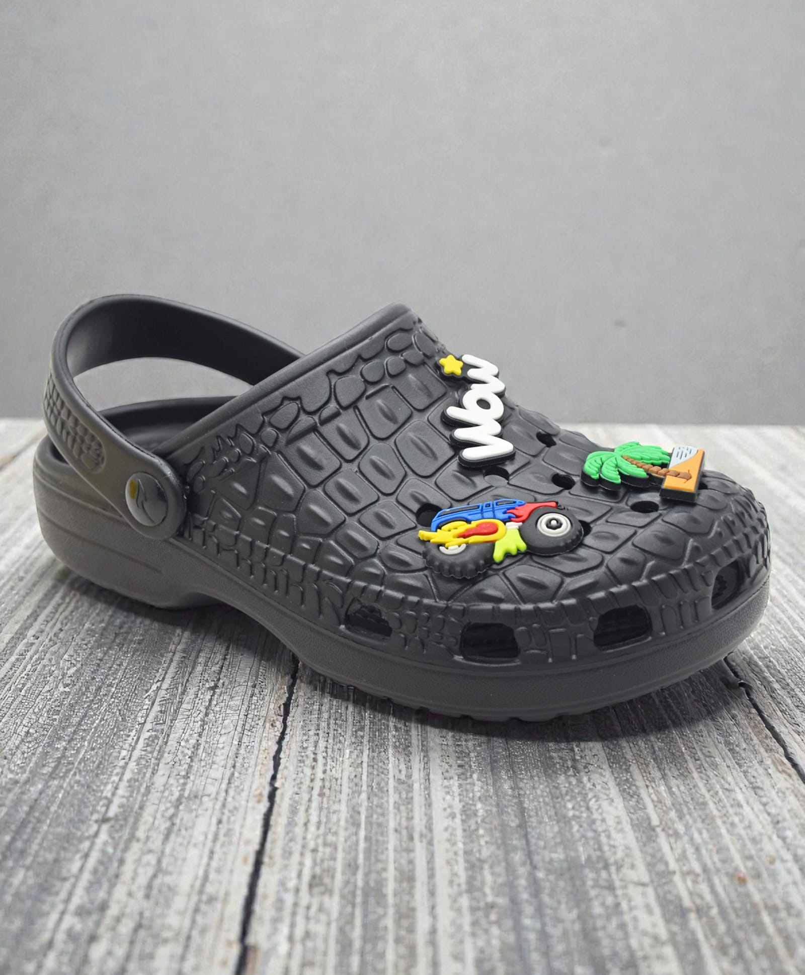 TRV Vehicle & Coconut Tree Applique Detailed Perforated Slingback Clogs - Black-image-33