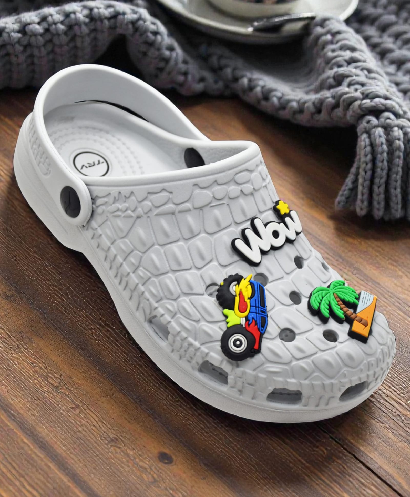 TRV Kids Vehicle & Coconut Tree Applique Detailed Perforated Slingback Clogs - Grey-image-18