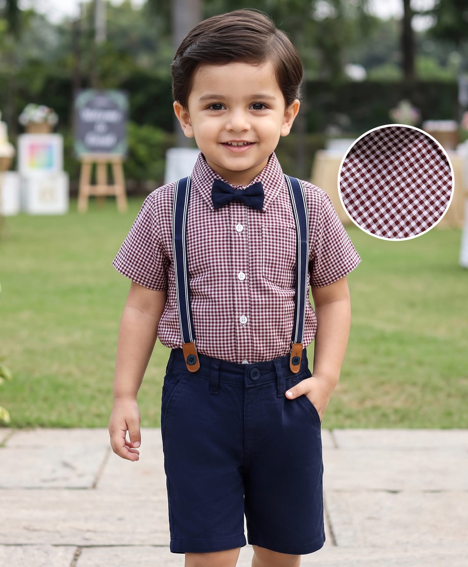 Babyhug 100% Cotton Woven Half Sleeves Checked Shirt & Shorts Set With Bow & Suspender - Dark Red & Navy Blue-picture-18