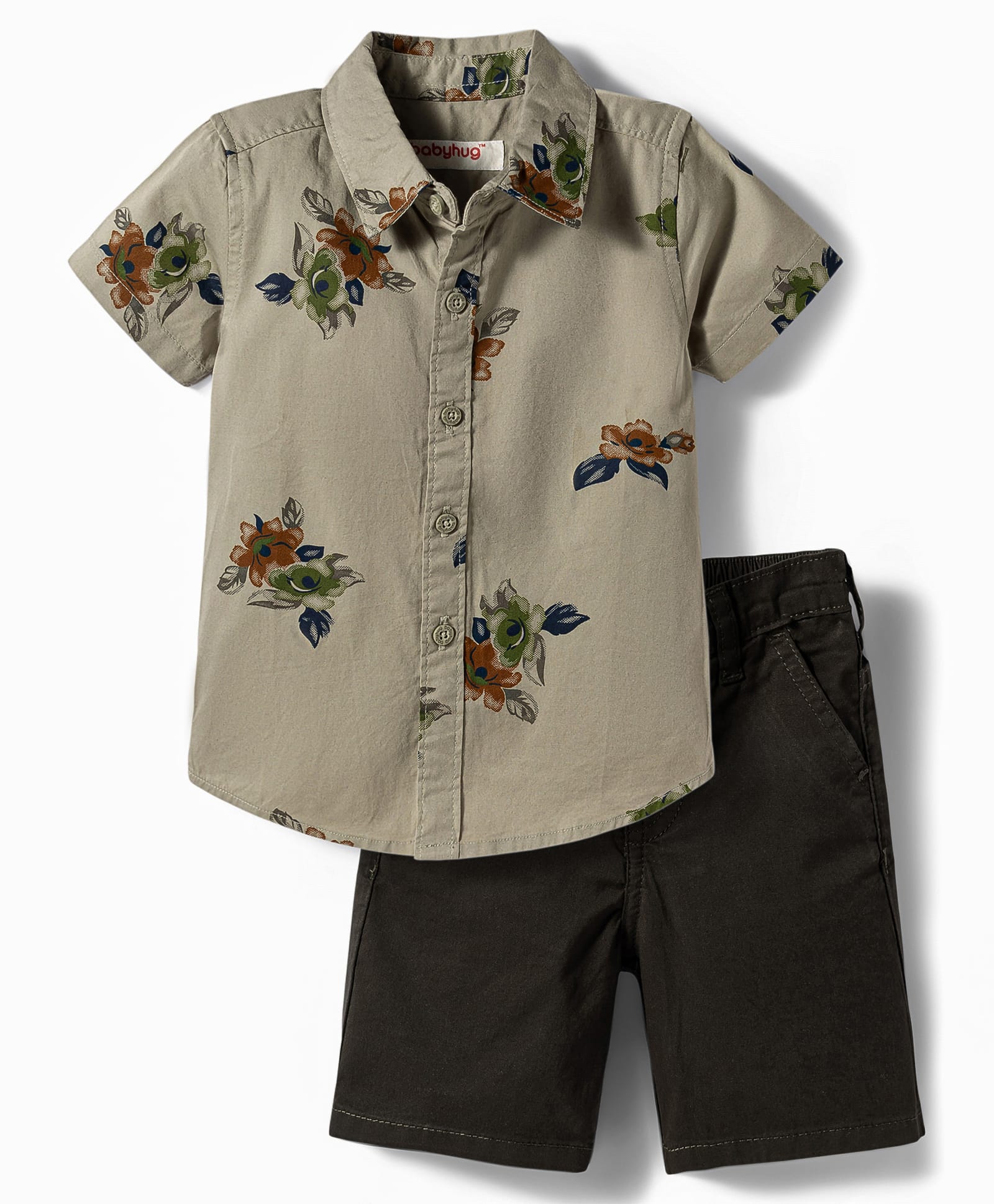 Babyhug 100% Cotton Woven Half Sleeves Floral Printed Shirt & Shorts Set - Olive Green-image-12