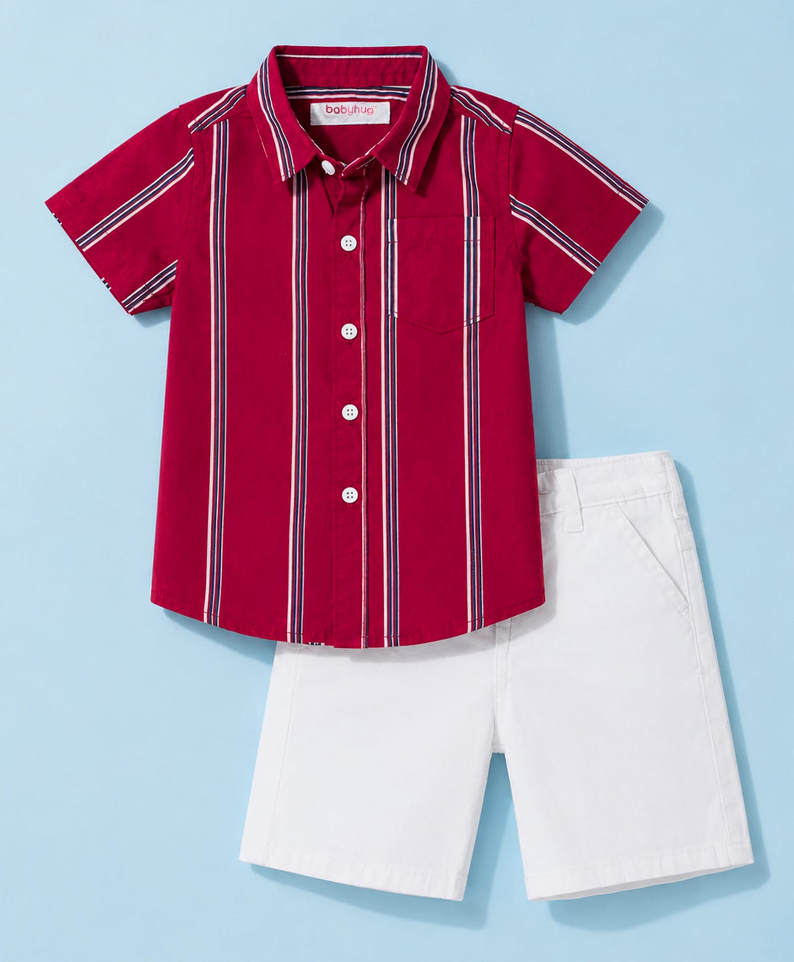Babyhug Cotton Woven Half Sleeves Striped Shirt & Shorts Set - Maroon & White-picture-10