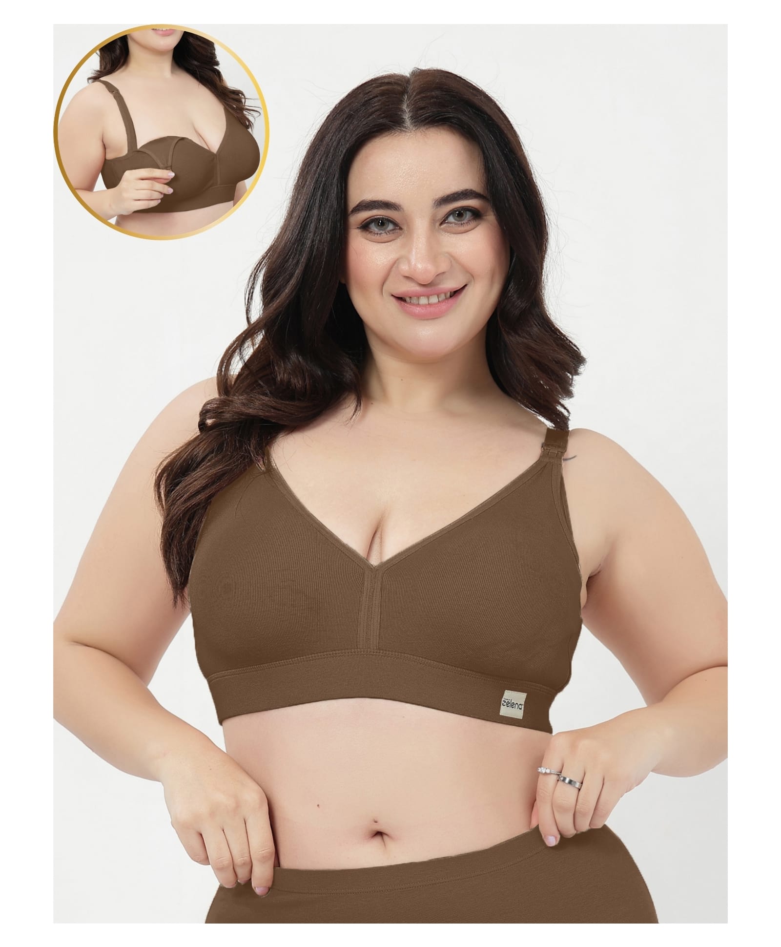 Zelena 95% Cotton 7% Elastane Knit Sleeveless Solid Maternity Padded Maternity Bra - Mocha-image-29