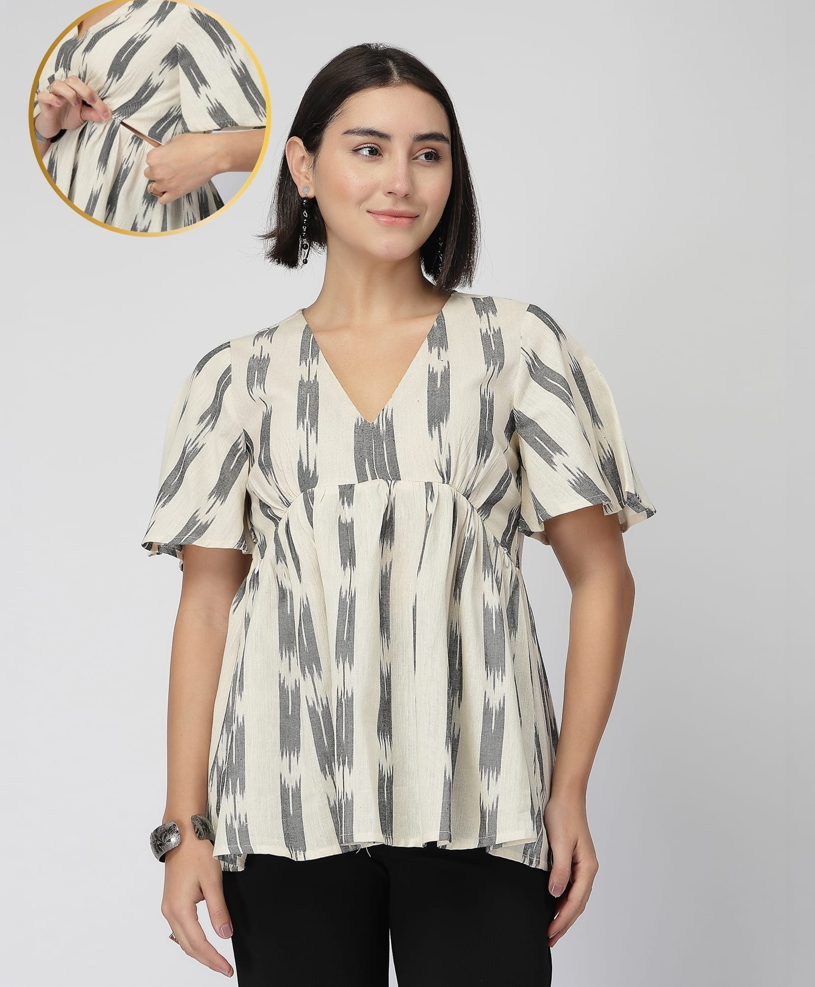 Zelena 100% Cotton Knit Half Sleeves Abstract Printed Maternity Top With Side Nursing Access - Off White-picture-10