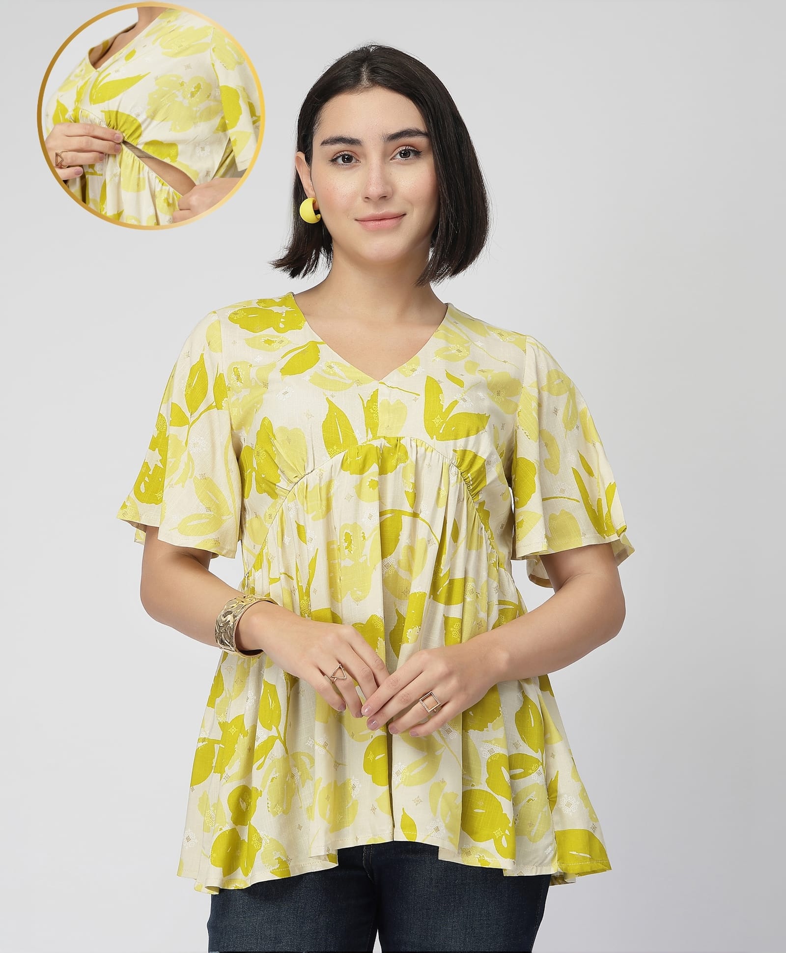 Zelena 100% Rayon Knit Half Sleeves Floral Printed Maternity Dress With Side Nursing Access - Mustard