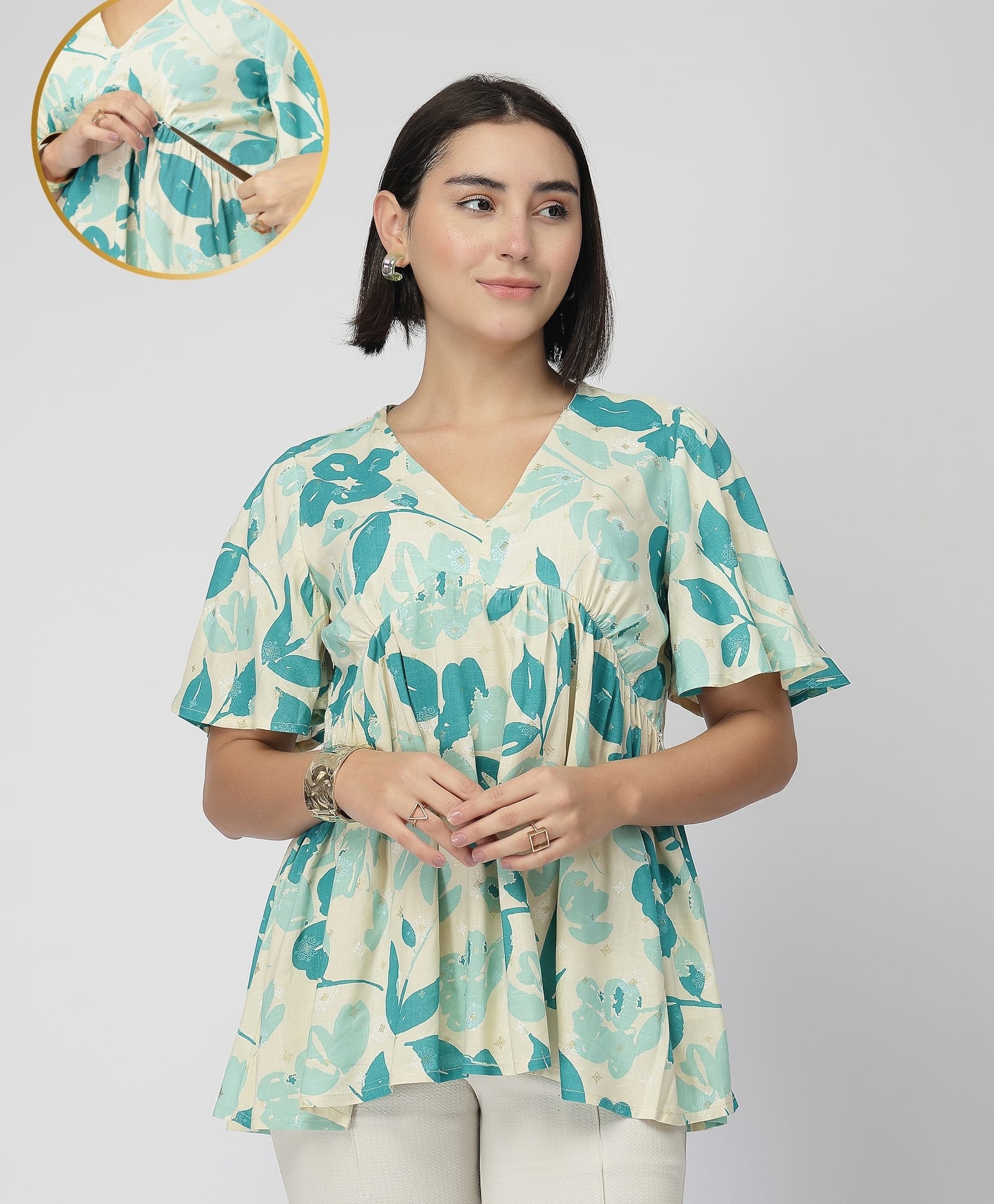 zelena ZZelena 100% Rayon Knit Half Sleeves Floral Printed Maternity Dress With Side Nursing Access - Turquoise-picture-45