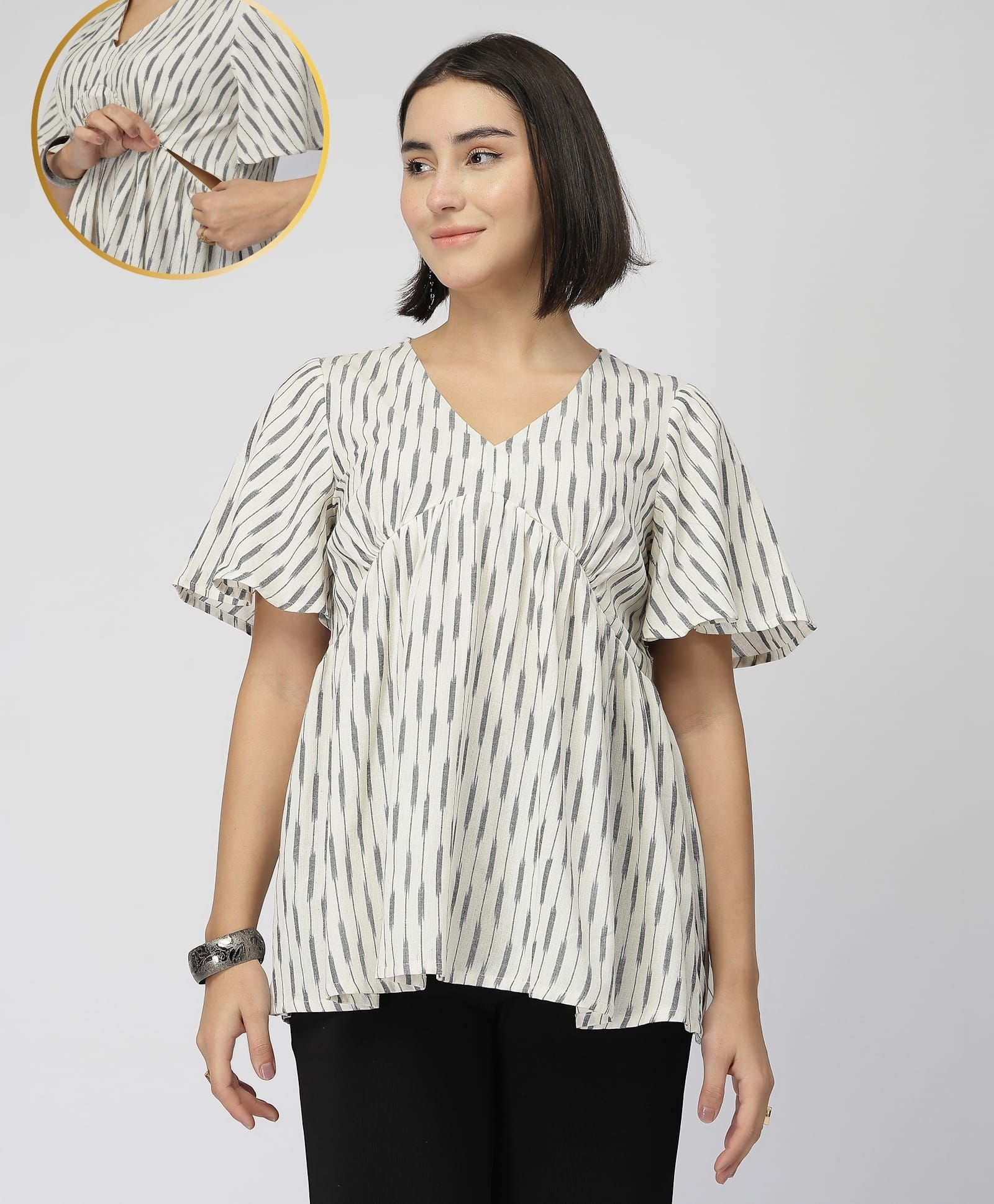 Zelena 100% Cotton Knit Half Sleeves Abstract Printed Maternity Top With Side Nursing Access - Off White-picture-21
