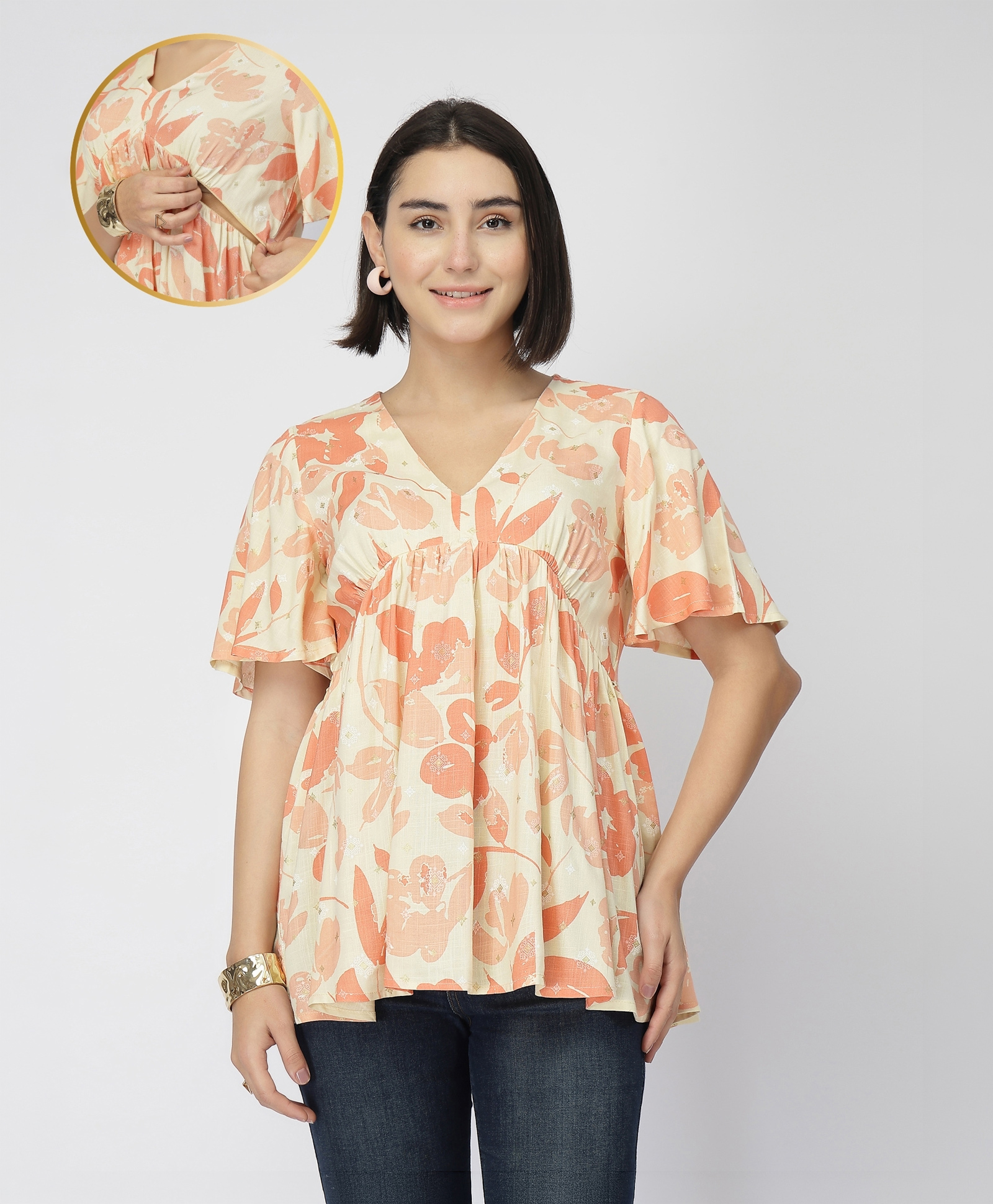 Zelena 100% Rayon Knit Half Sleeves Floral Printed Maternity Top With Front Open Nursing Access - Orange-image-38