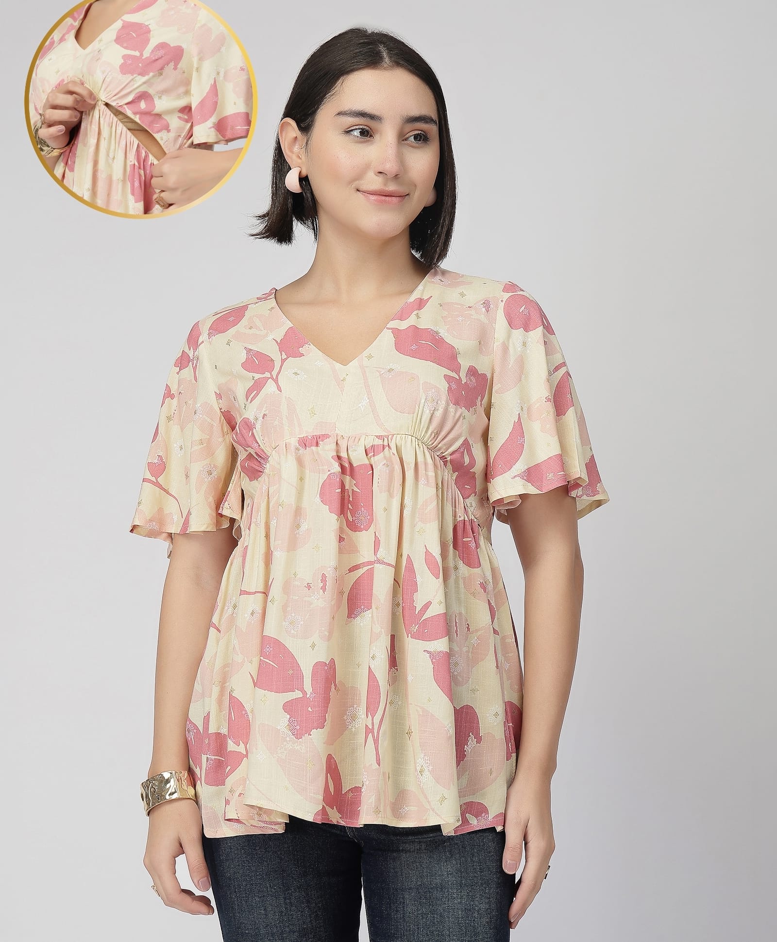 Zelena 100% Rayon Knit Half Sleeves Floral Printed Maternity Dress With Side Nursing Access - Pink-image-18