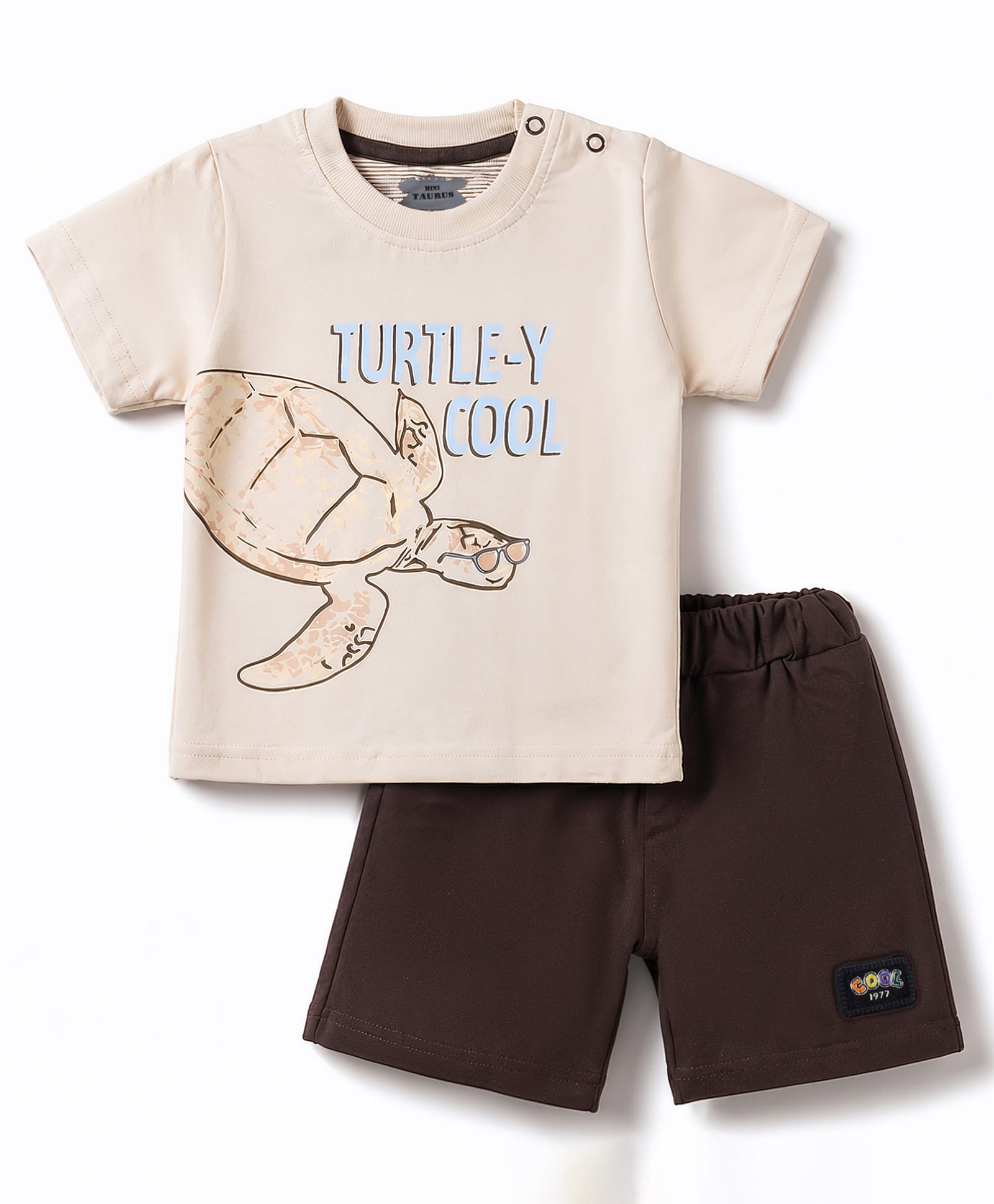 Mini Taurus Cotton Woven Half Sleeves T-Shirt & Shorts Set with Turtle Print - Beige-picture-6