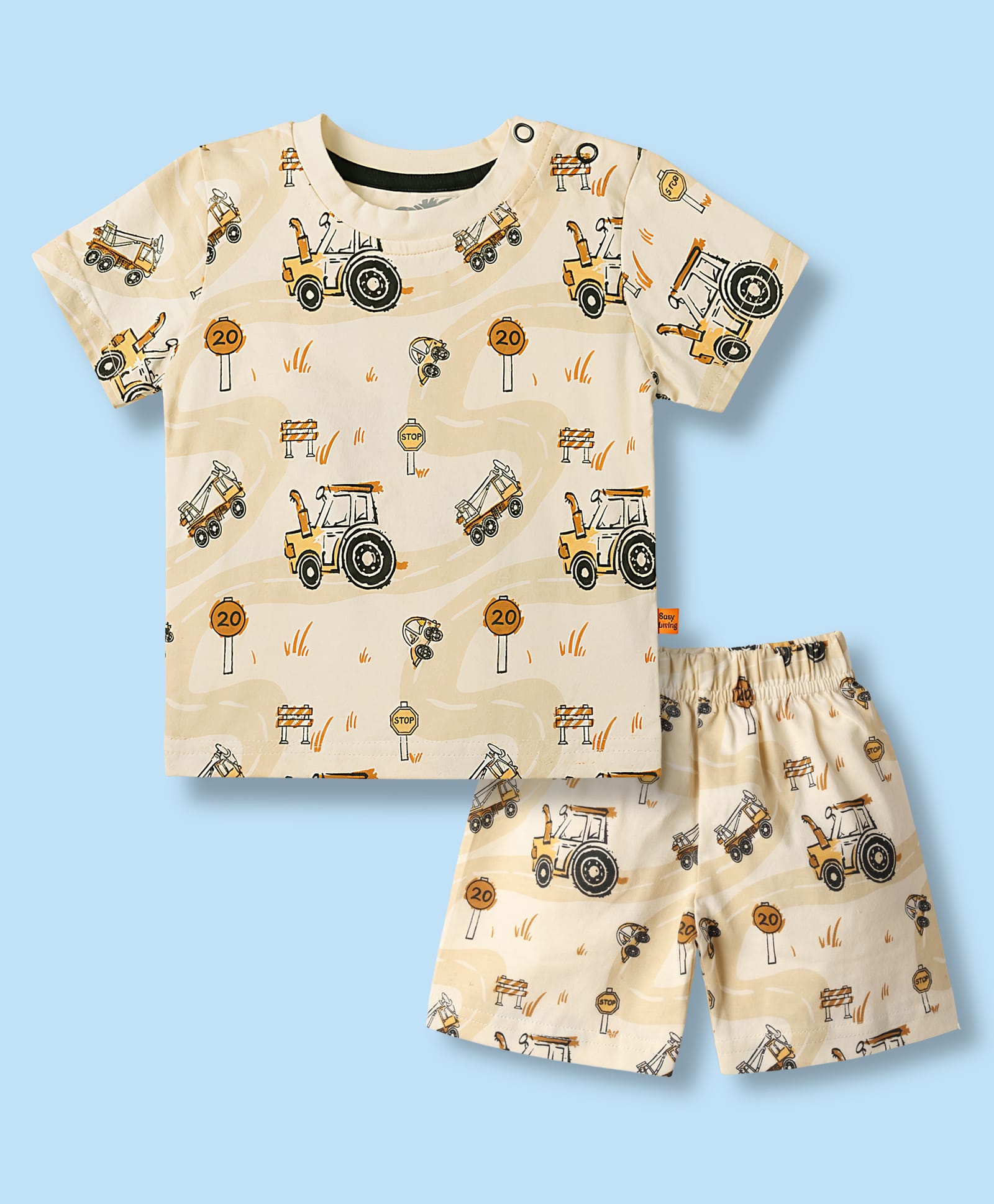 Mini Taurus Cotton Knit Half Sleeves T-Shirt & Shorts Co-ord Night Suit with Tractor Print - Cream-picture-32