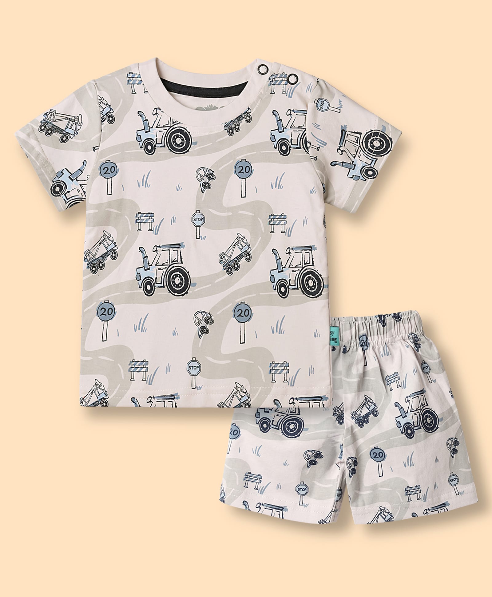 Mini Taurus Cotton Knit Half Sleeves T-Shirt & Shorts Co-ord Night Suit with Tractor Print - Grey-image-44