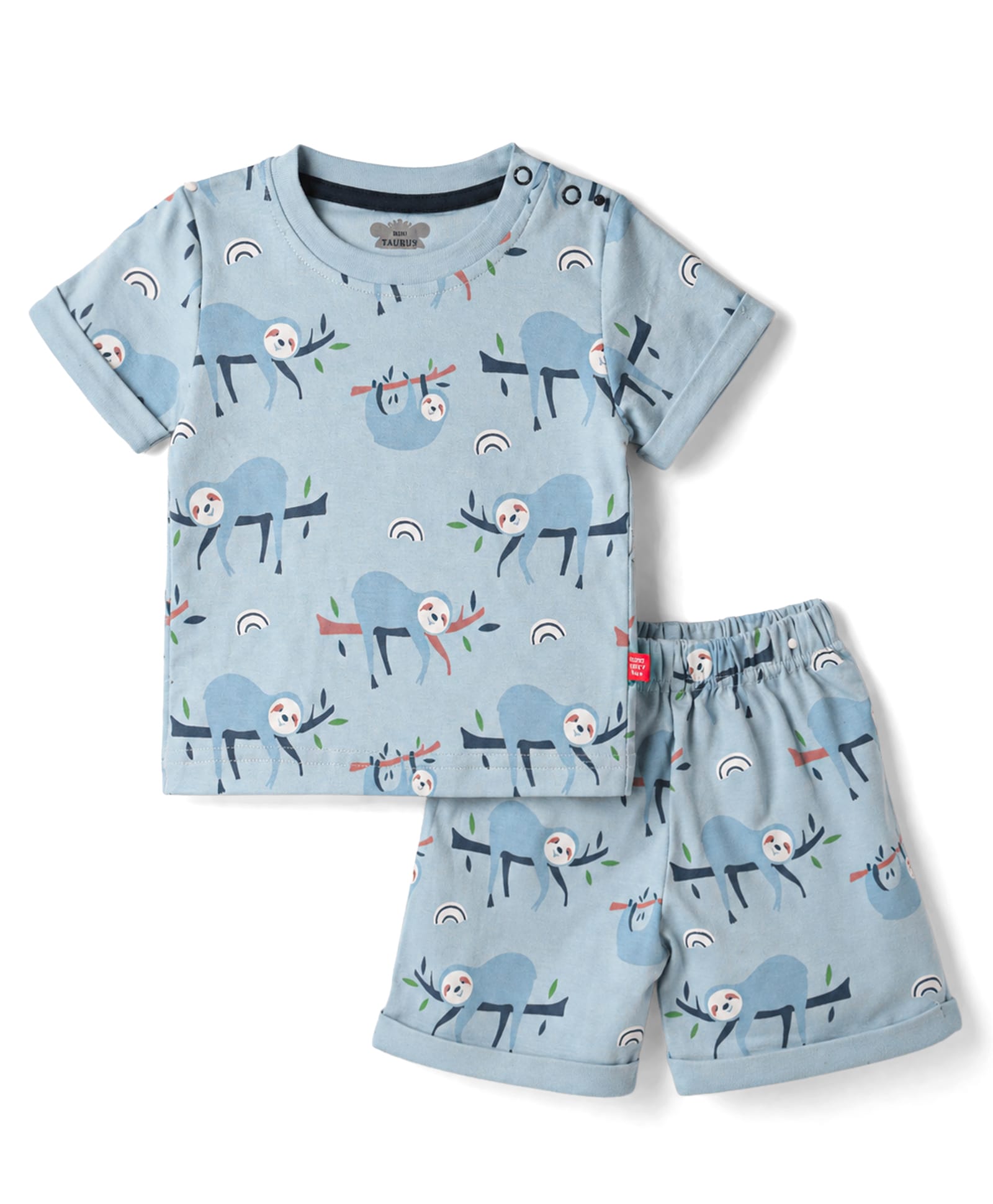 Mini Taurus Cotton Knit Half Sleeves T-Shirt & Shorts Co-ord Night Suit with Sloth Print - Aqua-picture-26