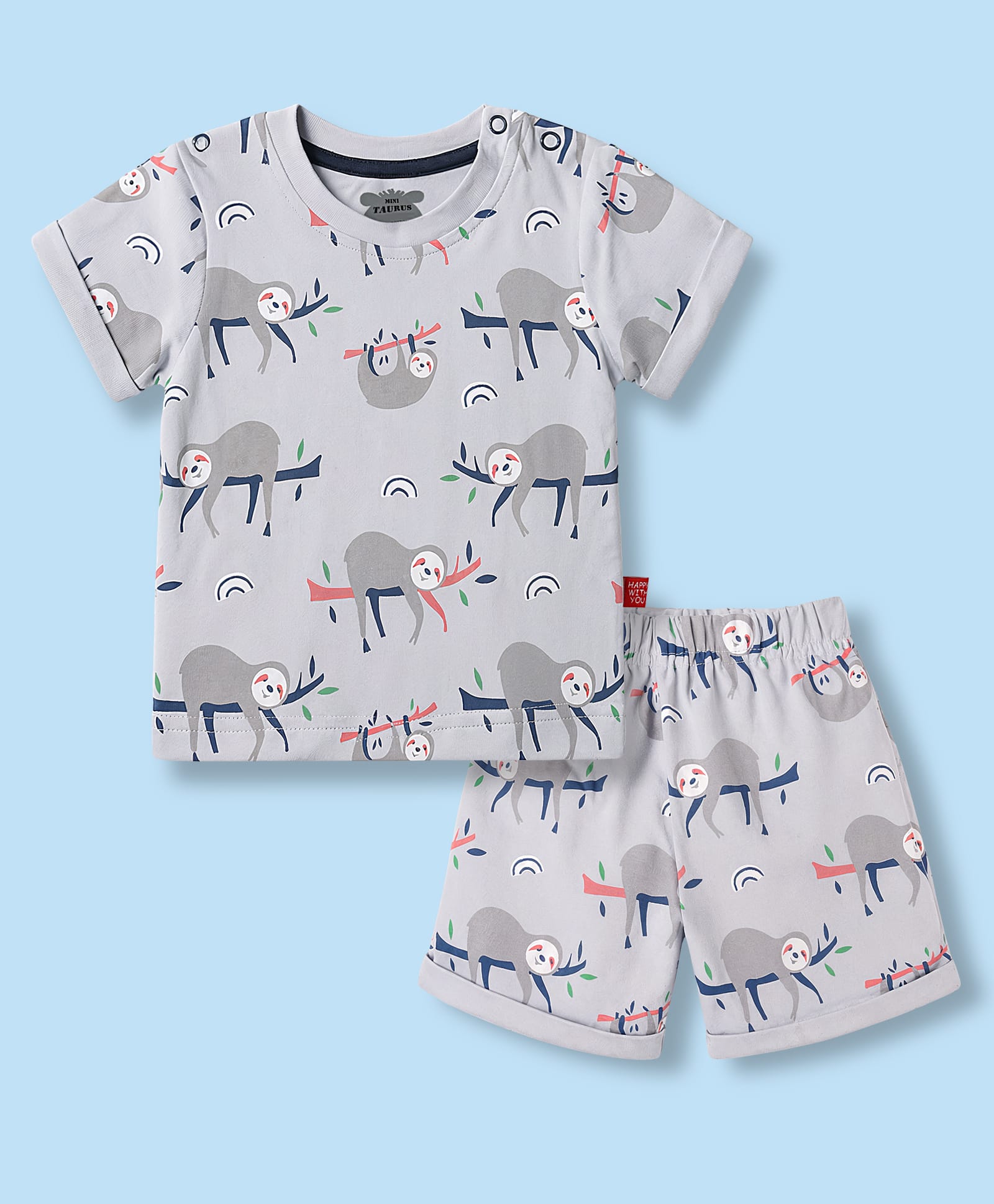 Mini Taurus Cotton Knit Half Sleeves T-Shirt & Shorts Co-ord Night Suit with Sloth Print - Grey-picture-29