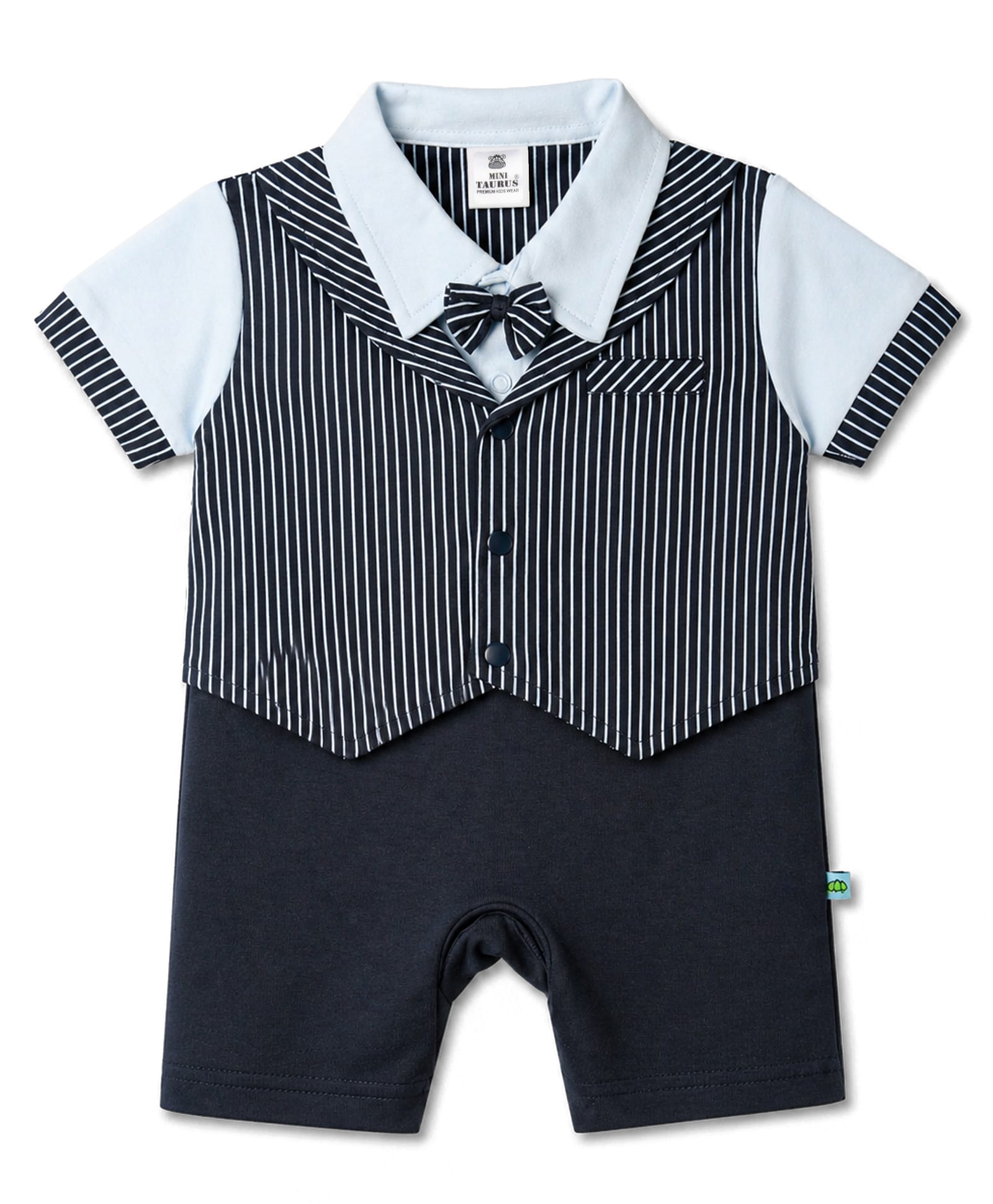 Mini Taurus Knitted Half Sleeves Striped Party Romper With Bow - Navy Blue-picture-43