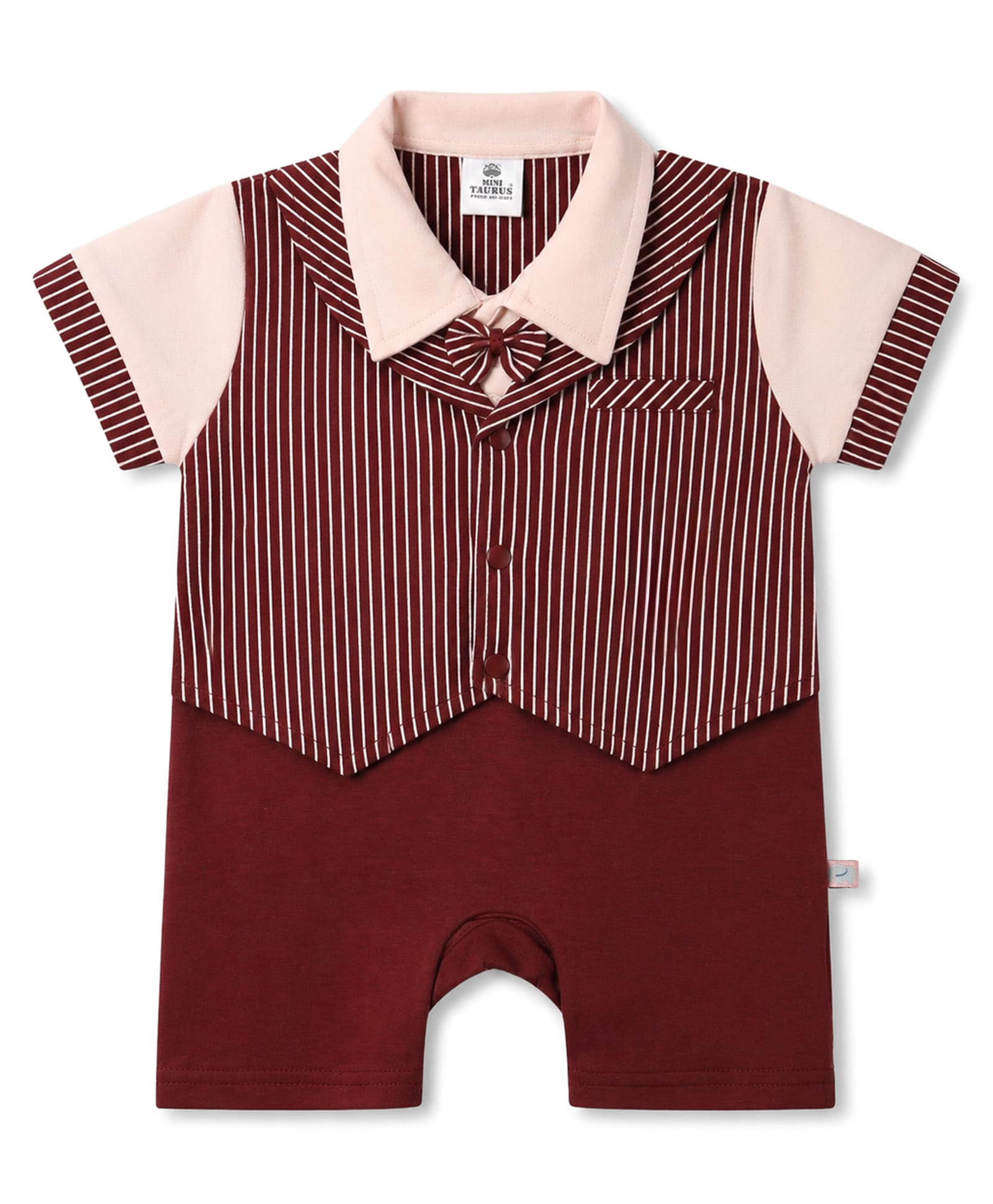 Mini Taurus Knitted Half Sleeves Striped Party Romper With Bow - Maroon-picture-22