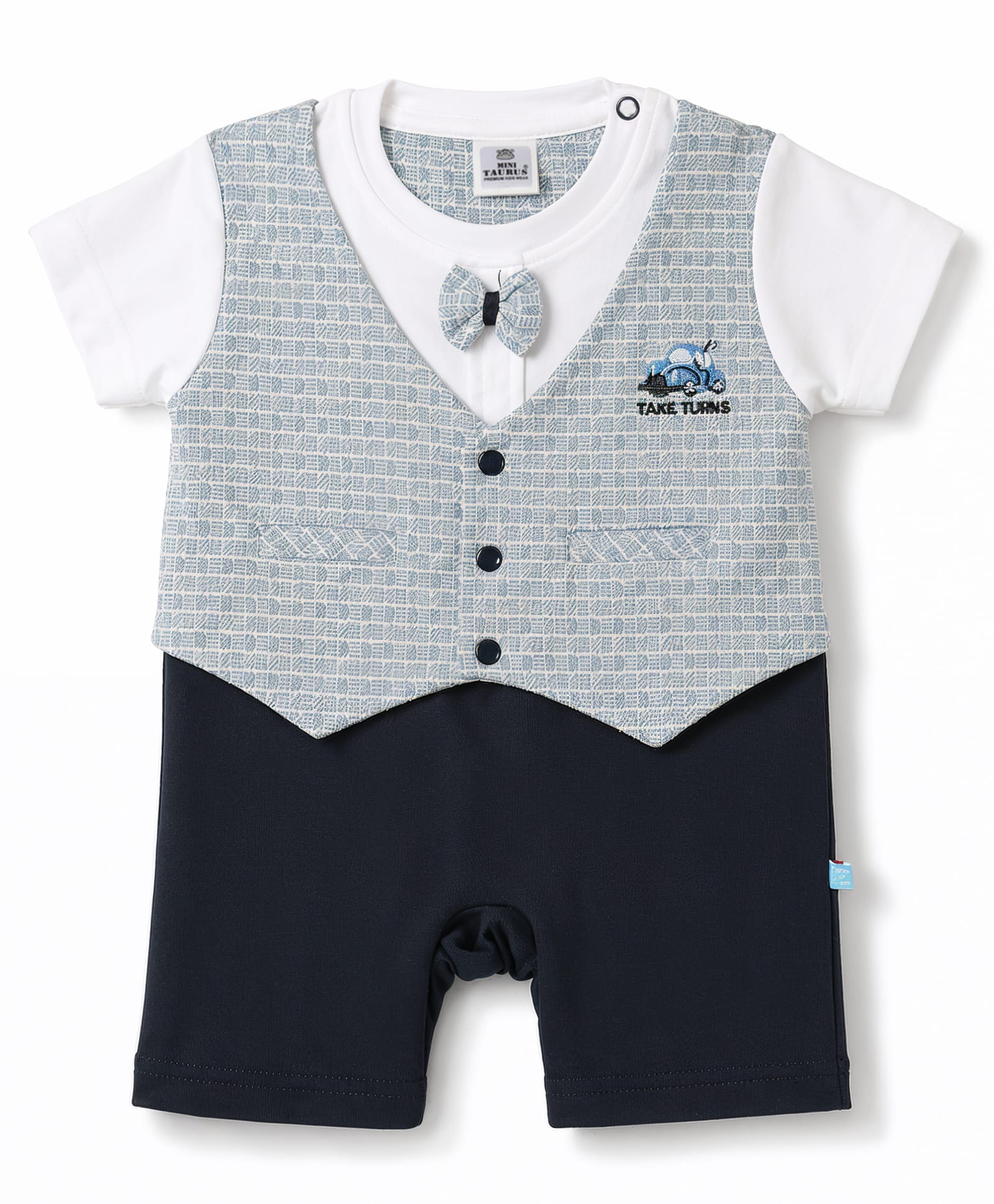 Mini Taurus Knitted Half Sleeves Vehicles Embroidered Party Romper With Bow Applique - Navy Blue-picture-33