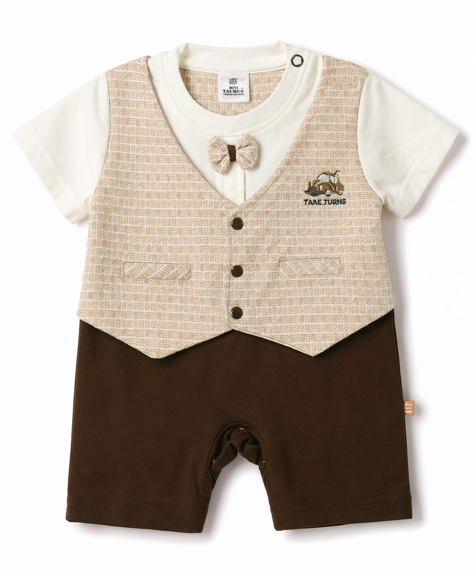 Mini Taurus Knitted Half Sleeves Vehicles Embroidered Party Romper With Bow - Brown-picture-28