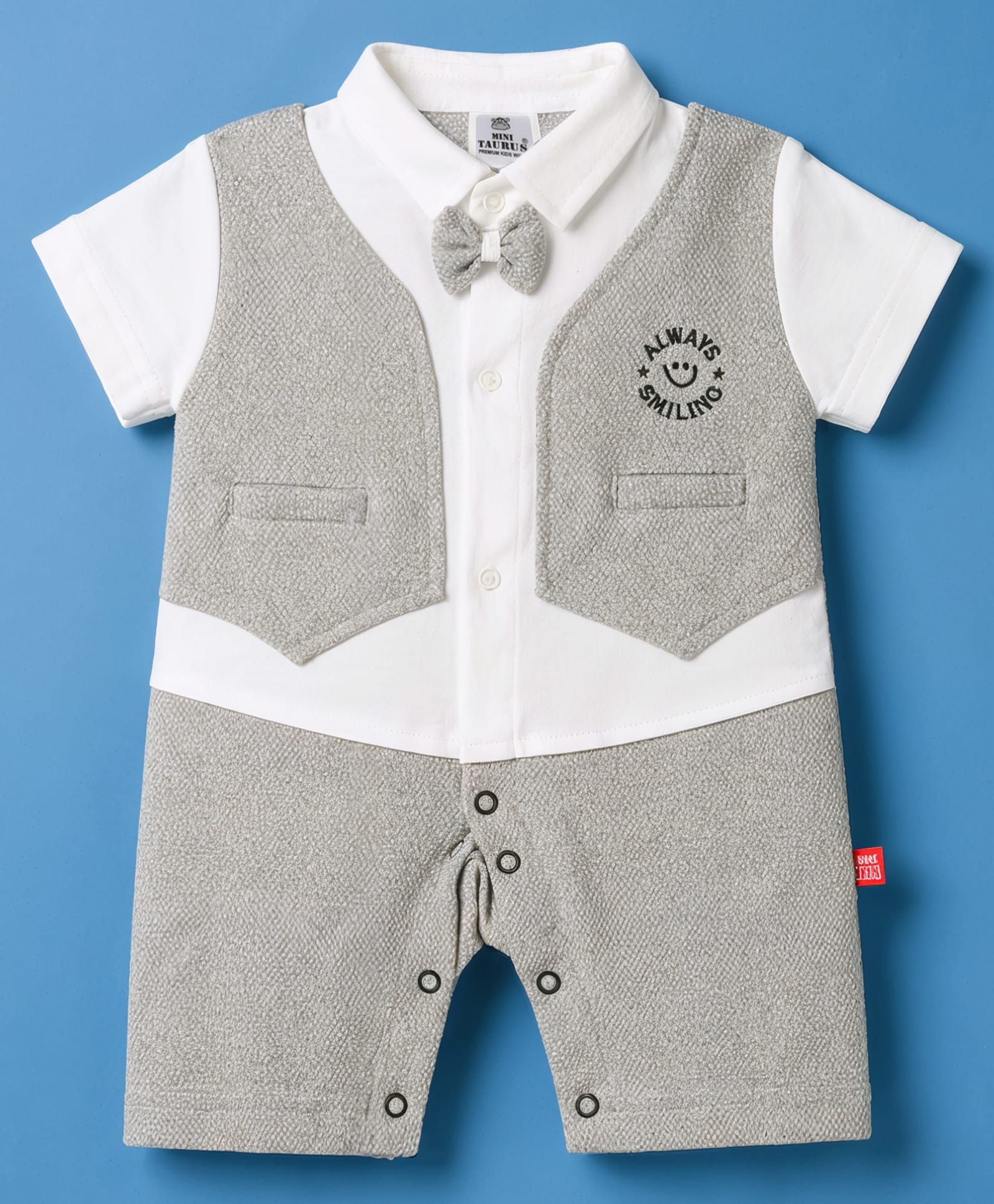 Mini Taurus Knitted Half Sleeves Text Printed Party Romper With Text Print & Bow Applique - Grey-picture-20