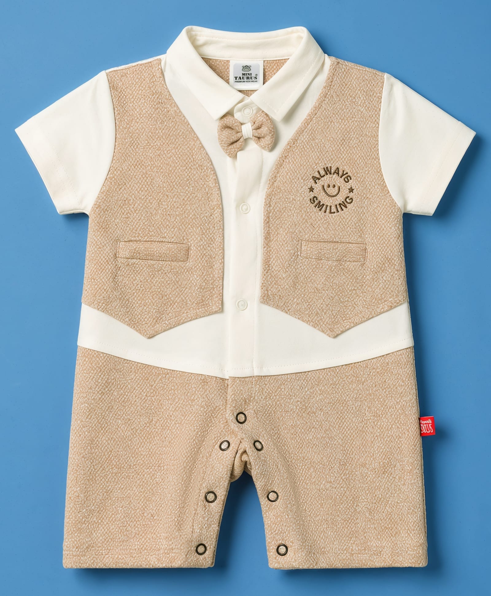 Mini Taurus Knitted Half Sleeves Text Embroidered Party Romper With Bow Applique - Beige-image-34