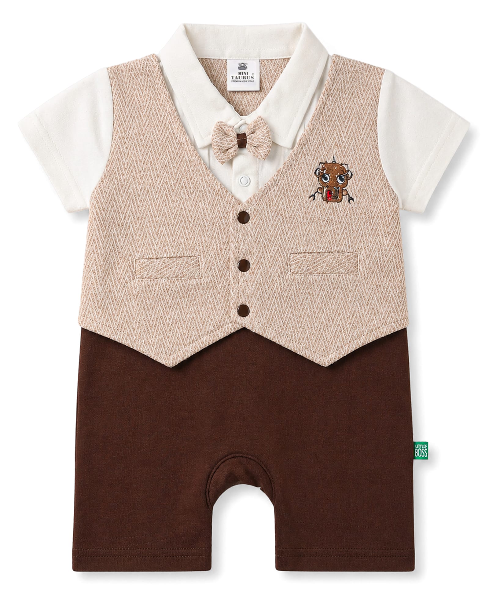 Mini Taurus Knitted Half Sleeves Embroidered Party Romper With Bow - Brown-picture-8