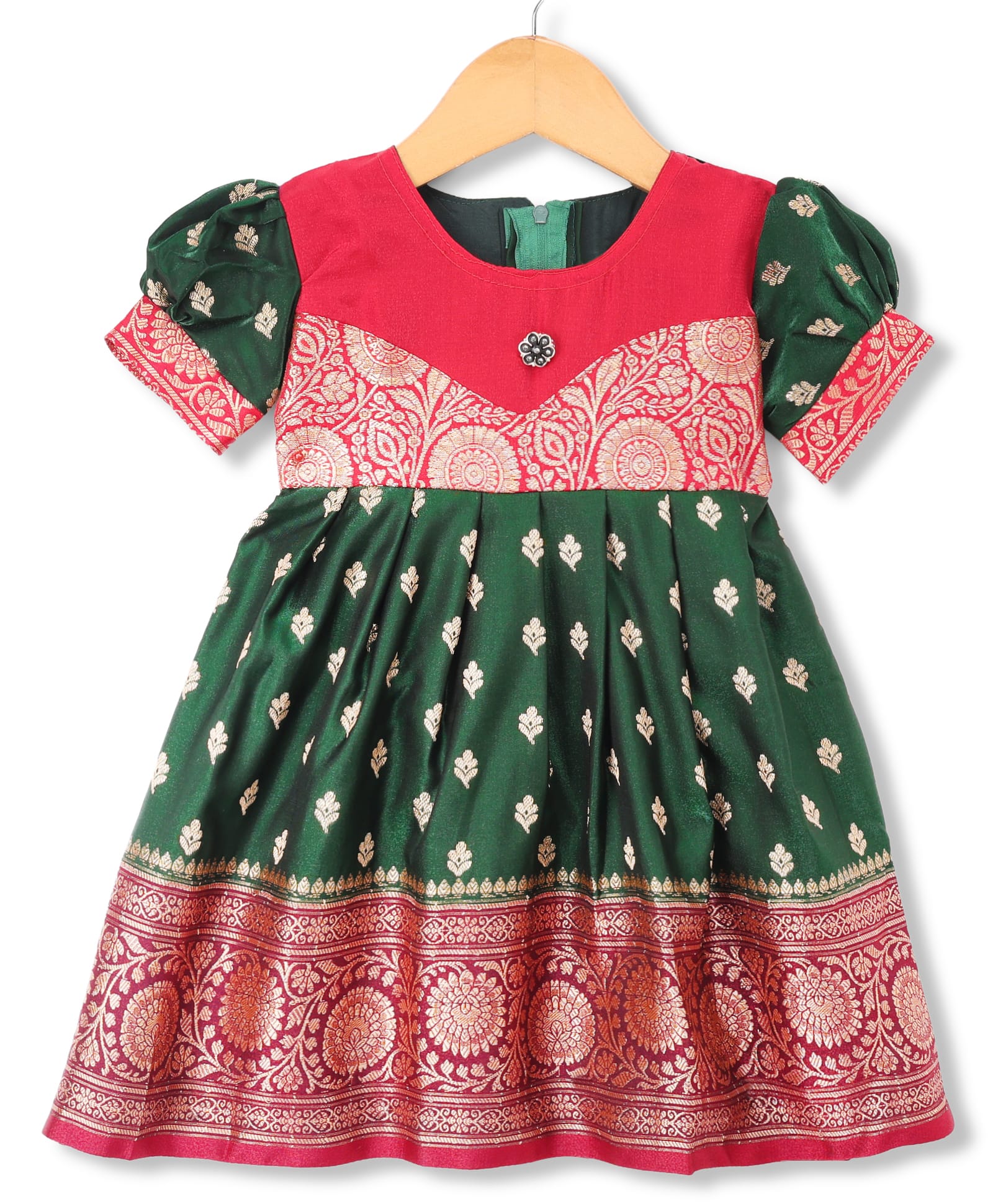 Bhartiya Paridhan Silk Woven Half Sleeves Ethnic Dress With Floral Print - Green & Red-image-23