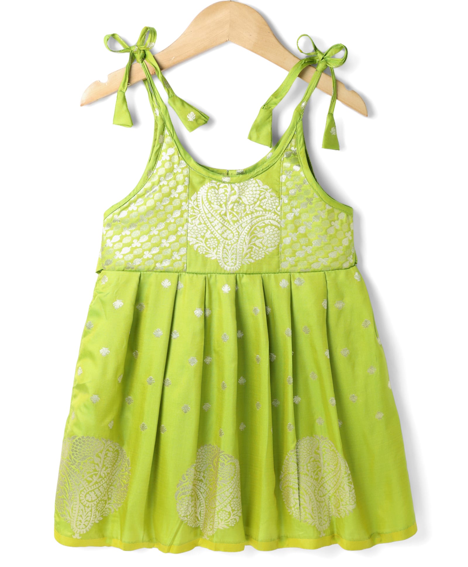 Bhartiya Paridhan Silk Woven Sleeveless Ethnic Dress with Foil Floral Print - Light Green-image-15
