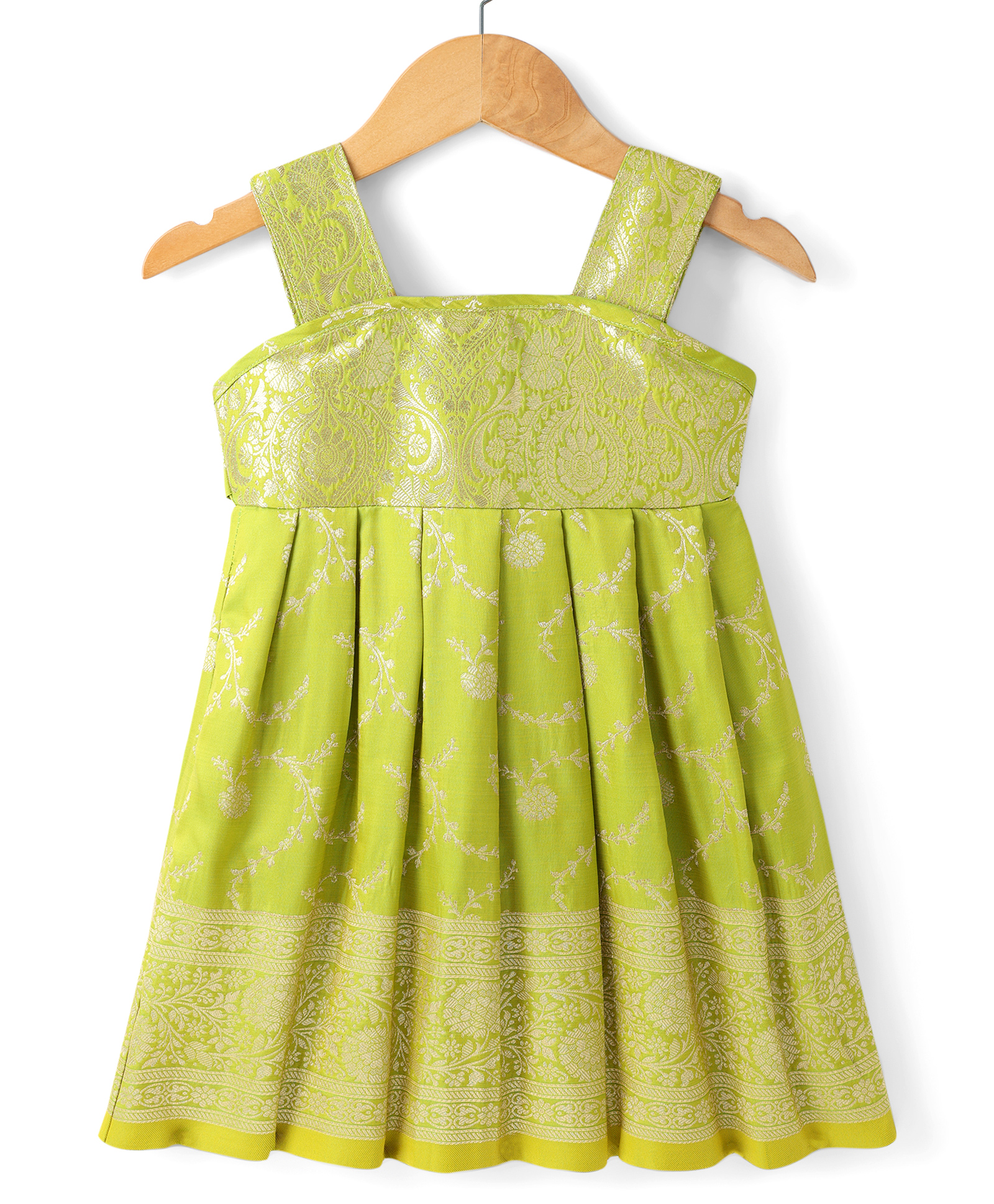 Bhartiya Paridhan Silk Woven Flared Sleeveless Ethnic Dress With Floral Foil Print - Green-image-20