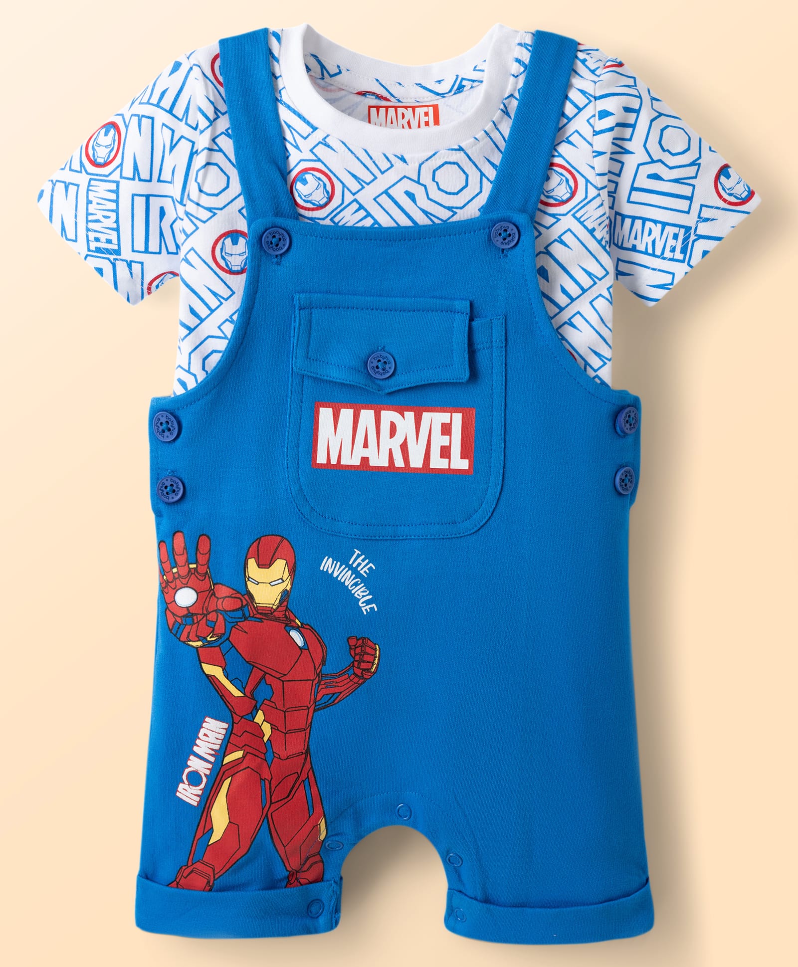 Babyhug Marvel Single Jersey Knit Half Sleeves Avengers Iron Man Printed Dungaree With Inner Tee - Blue-image-4