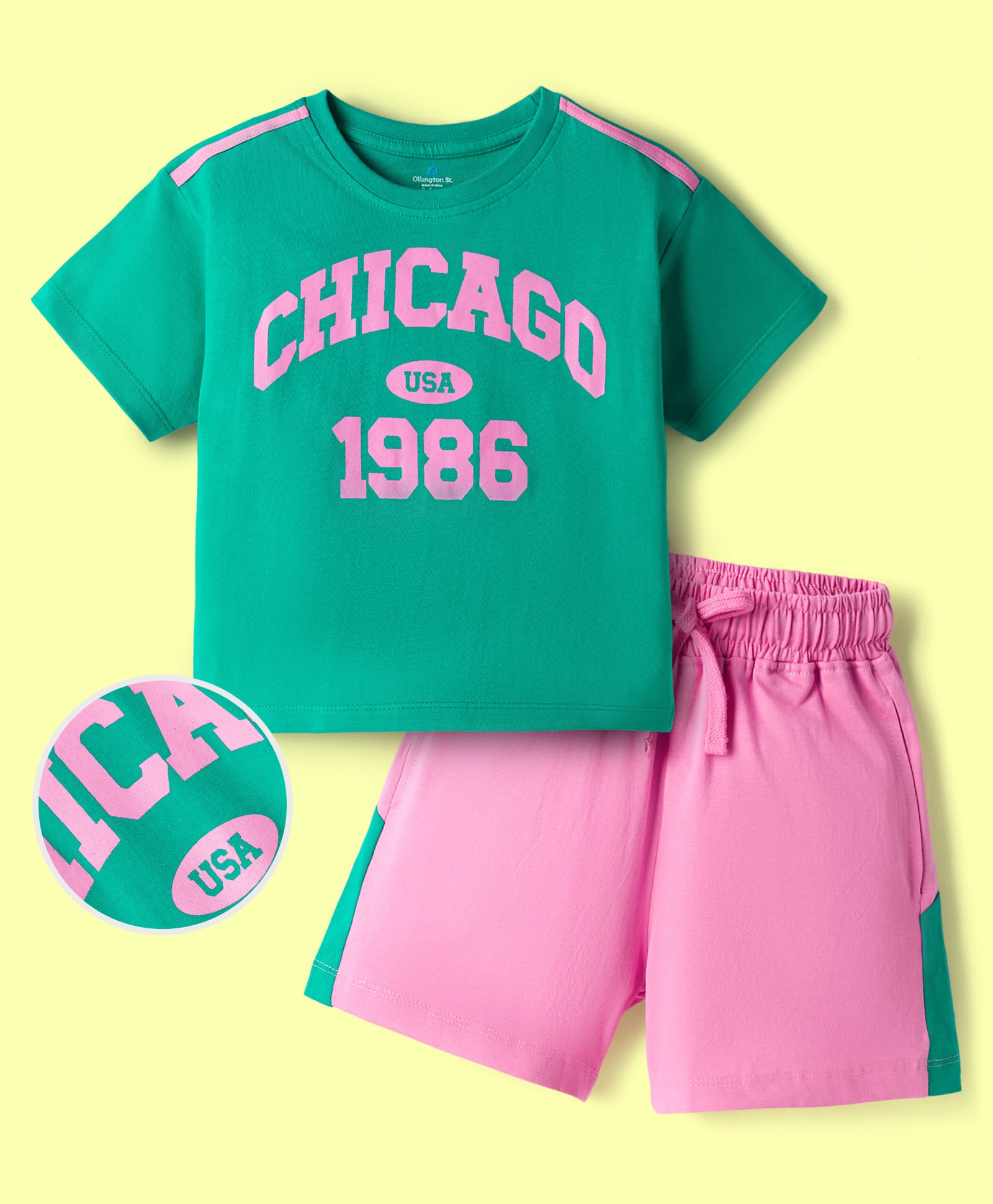OLLINGTON ST. Sinker Knit Half Sleeves Top & Shorts Set With Chicago Print - Green & Pink-picture-26