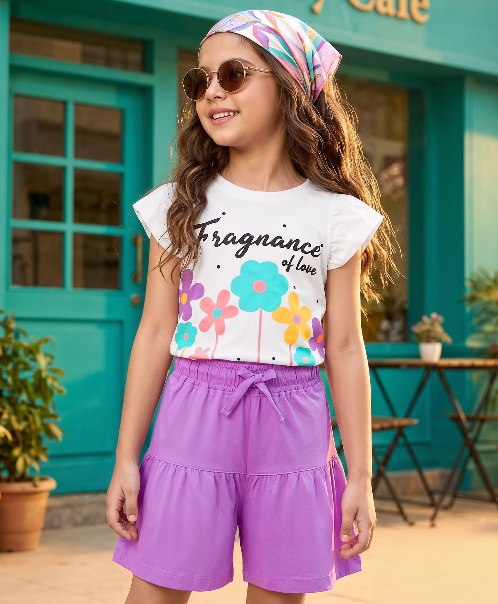 OLLINGTON ST. Set Of Cotton Knit Half Sleeve Top With Floral Print & Shorts- White & Lavender-image-38