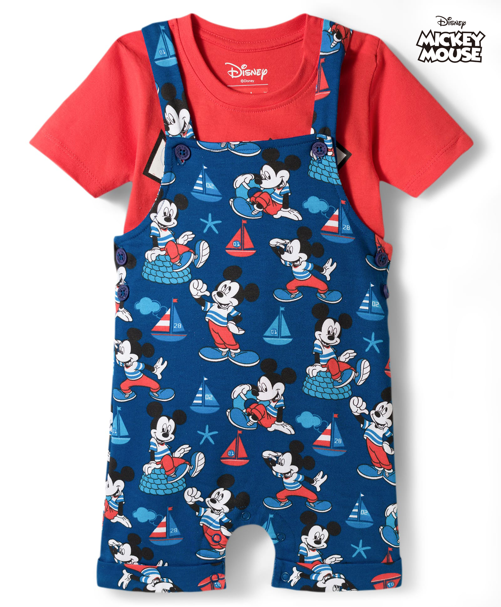 Babyhug Disney Single Jersey Knit Half Sleeves Mickey Mouse Printed Dungaree With Inner Tee - Navy Blue & Red-image-23