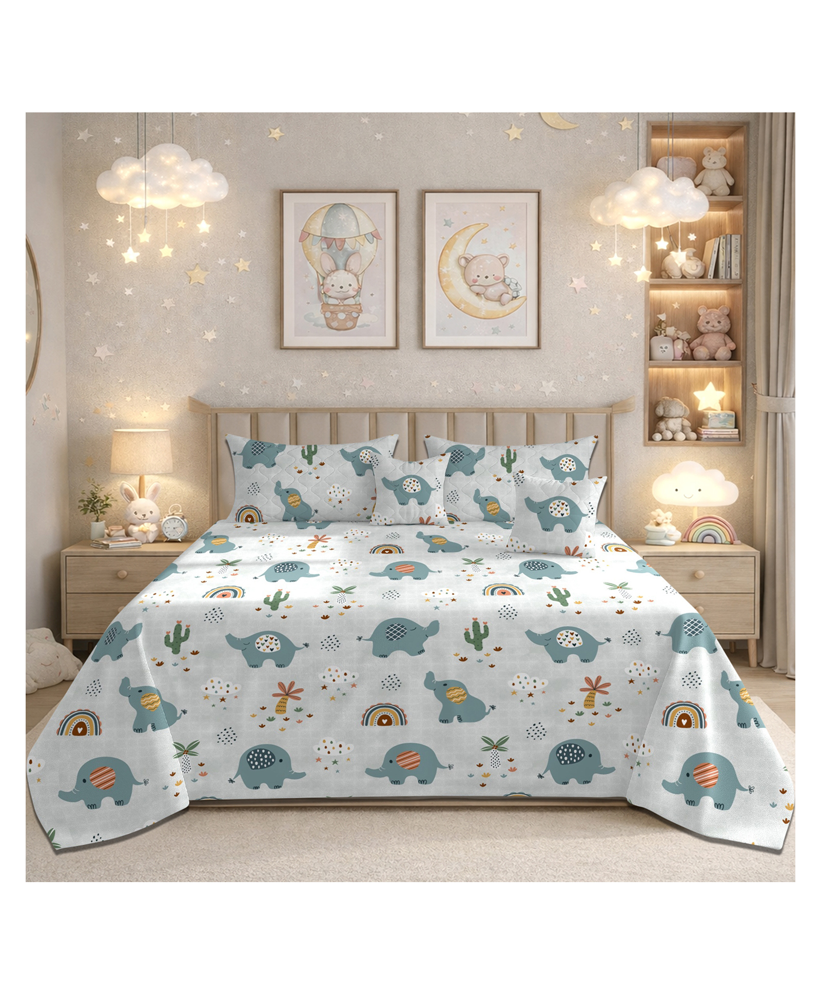 Morado Baby Elephant Printed Quilted 5 Pcs Bedding Set - Teal Blue-picture-30
