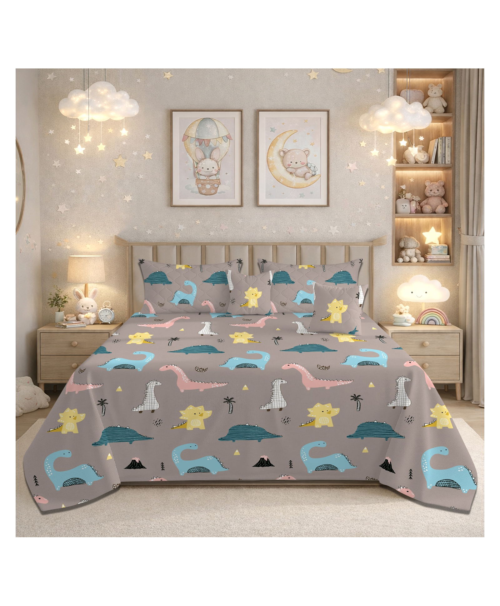 Morado Brown Dinosaur Printed Quilted 5 Pcs Bedding Set - Tan-image-10
